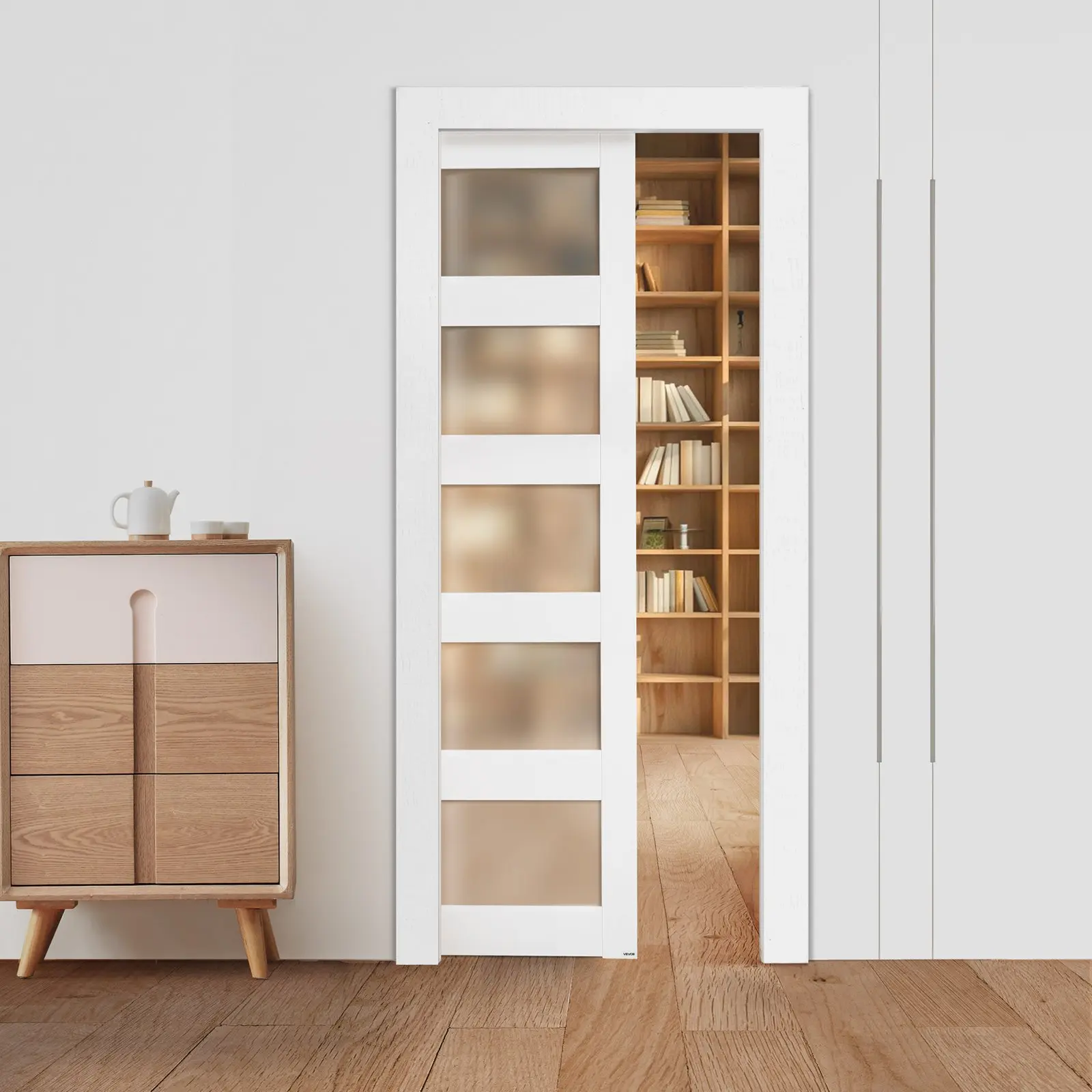 【DealsForYouDays】VEVOR Sliding Pocket Door, 36" x 80", 5-Lite Frosted Glass Single Sliding Door with Hardware Kit, Sturdy Solid Wood MDF Pocket Doors Slab with Waterproof Surface for Bedroom Kitchen Study Room