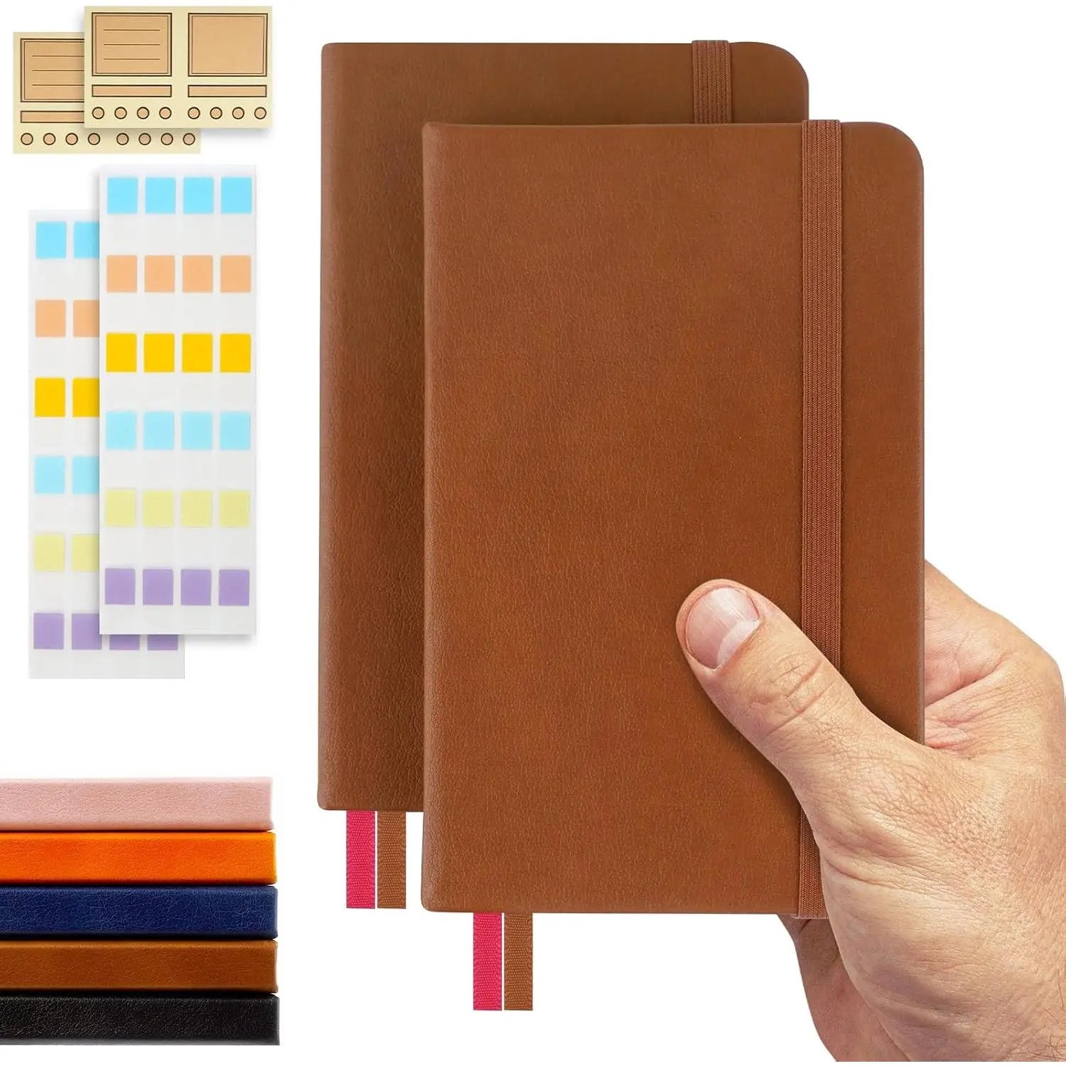 2-Pack A6 Mini Dotted Notebooks with Synthetic Hardcover, 3.5"x5.5", 160 Pages 100 gsm Thick Paper, Stickers Included, Cognac Brown & Navy Blue Pocket Dot Grid Journals for Office Stationery Use, Synthetic Cover