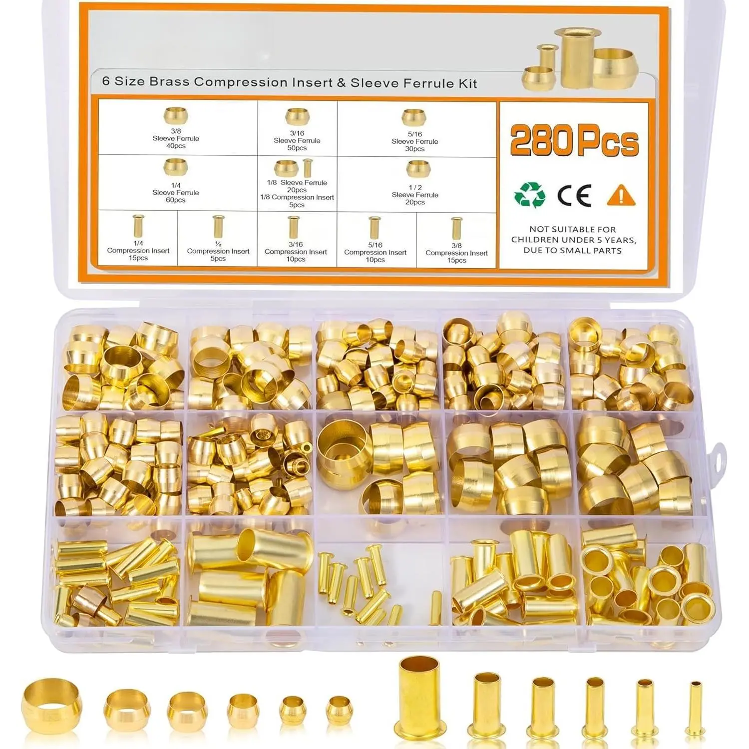 280 count Compression Fittings  kit - 6 Sizes Brass Compression Sleeve Ferrule & Insert, Connect for Air, Water, , Oil and Inert