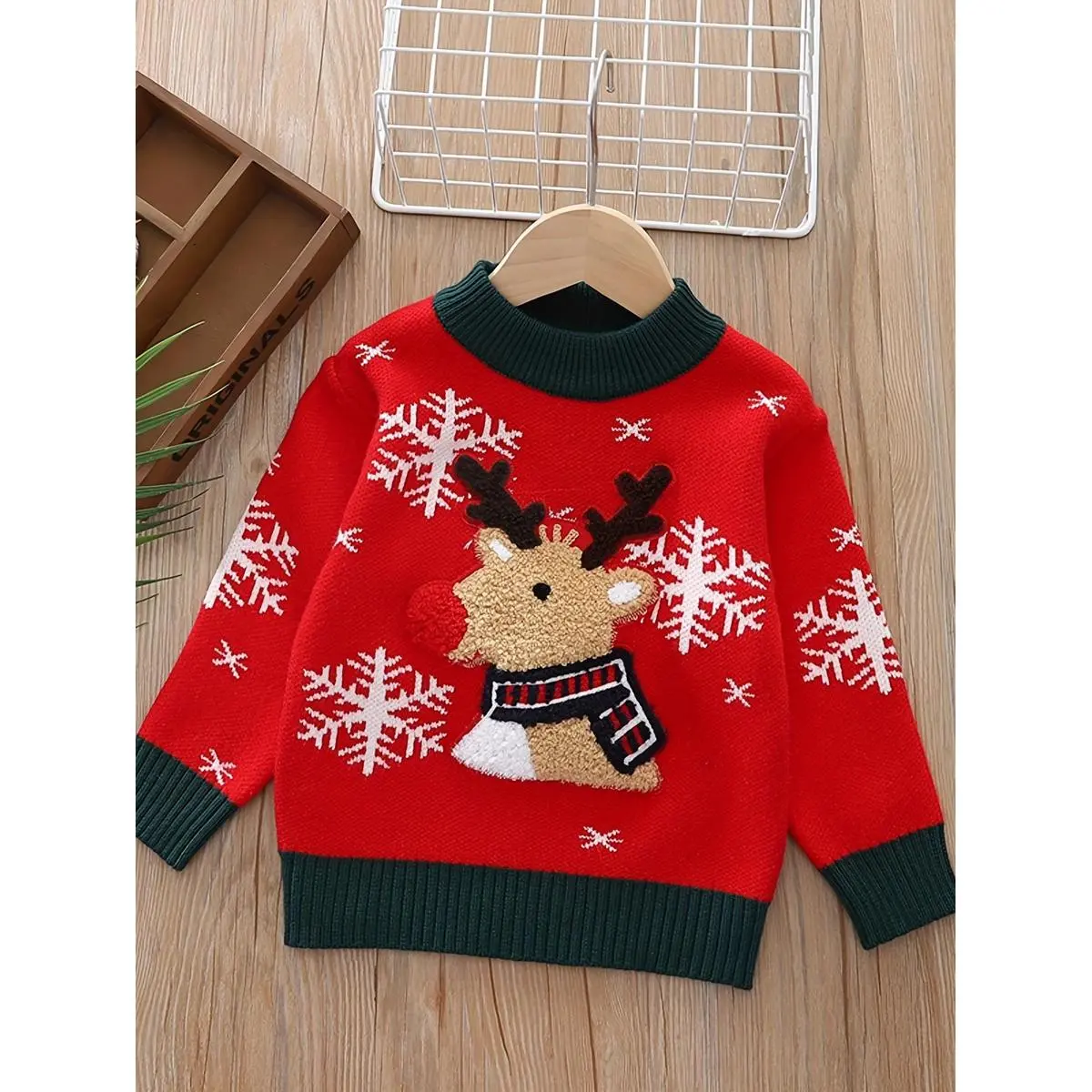 [Christmas Sweater] Christmas Reindeer Kids Pullover Sweater Acrylic Blend Knit Fabric, Regular Fit Crew Long Sleeve Jumper Children, Festive Holiday Pattern, Medium Stretch, Fall/Winter Collection