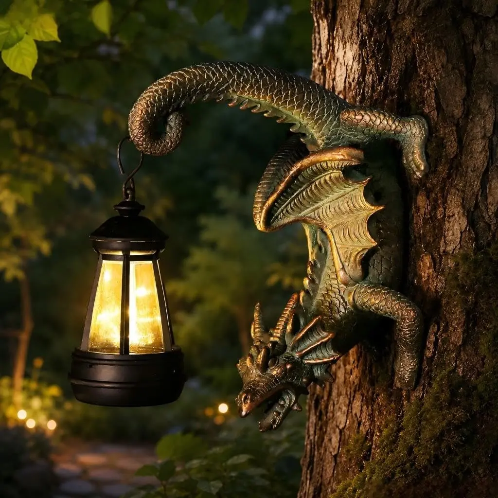 Solar Dragon Statue Wall Decor, Fun Decorative Garden Sculpture with Solar Lantern, Light Up Statue, Outdoor Courtyard Decoration, Unique Gift for All Ages