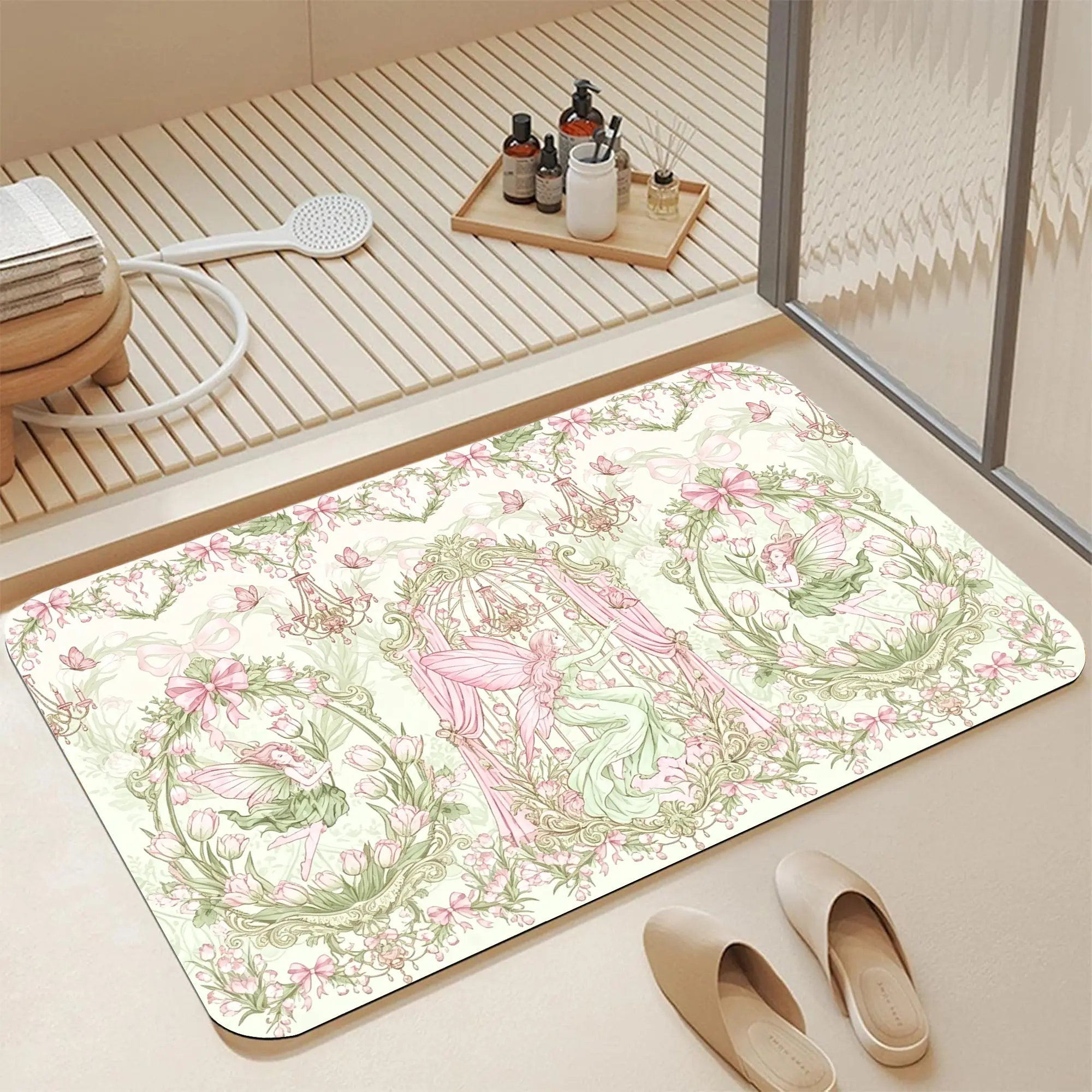 16*24" Soft Cream Background Pink Ribbon Bow Tulip Floral Winged Fairy Birdcage Chandelier Romantic Coquette Cottagecore Diatomite Bath Mat |   Quick Dry Non Slip Vintage Watercolor Pastel Pink Green Fairy Tulip Butterfly Ornate Frame Seamless Print Diato