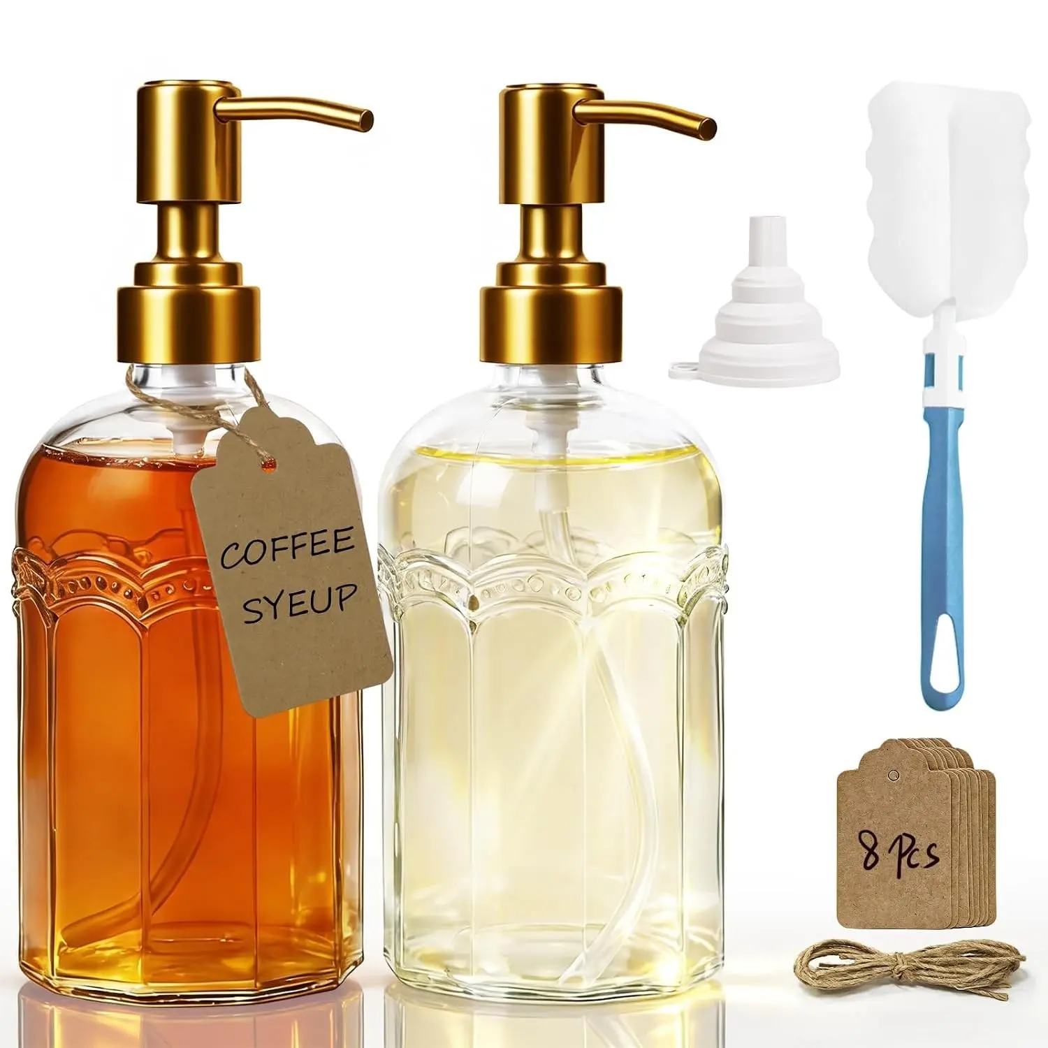 Coffee Syrup Dispenser Set of 2, 13.5 oz (400ml) Glass Bottles with Antique Bronze Stainless Steel Pump, Coffee Bar Syrup Pump Dispensers with Funnel, Cleaning Tools & Tags
