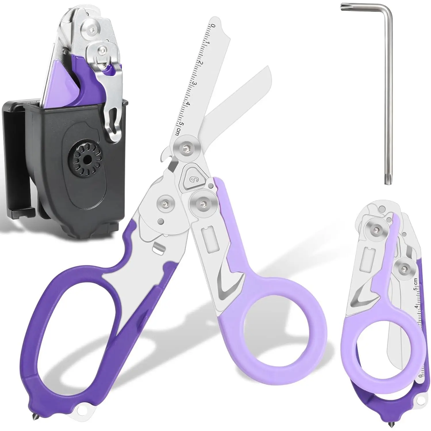 Stainless Steel 6-in-1 Foldable Trauma Shears with Compatible Holster, Emergency Cuts Tool for EMTs, Camping Use (Purple)