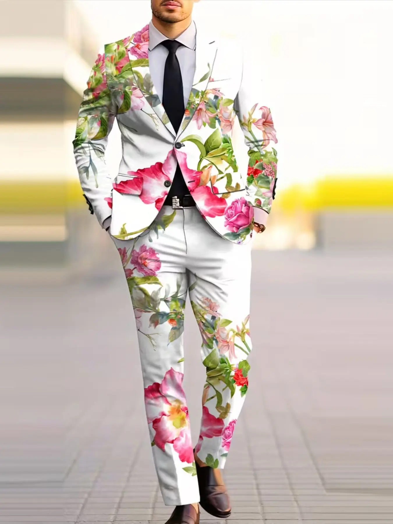 Men's trendy yellow leopard print and skull print two-piece suit, slim fit suit and trousers set, European and American style party outfit, casual and fashionable men's clothing set.