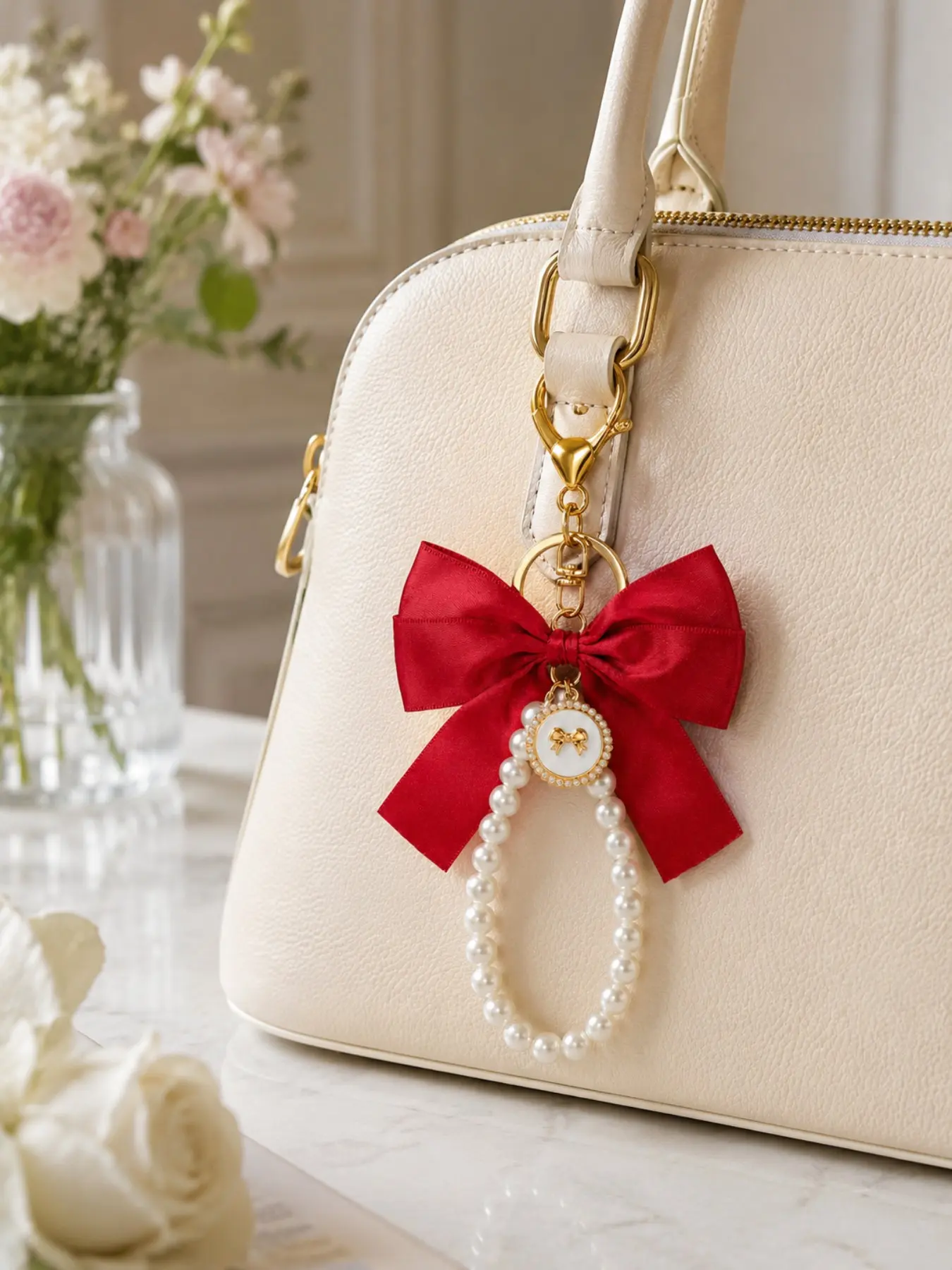 Coquette Bow Bag Charm with Pearl Chain, Cute Satin Ribbon Keychain Accessory for Women’s Handbags, Purse Decoration & Gift