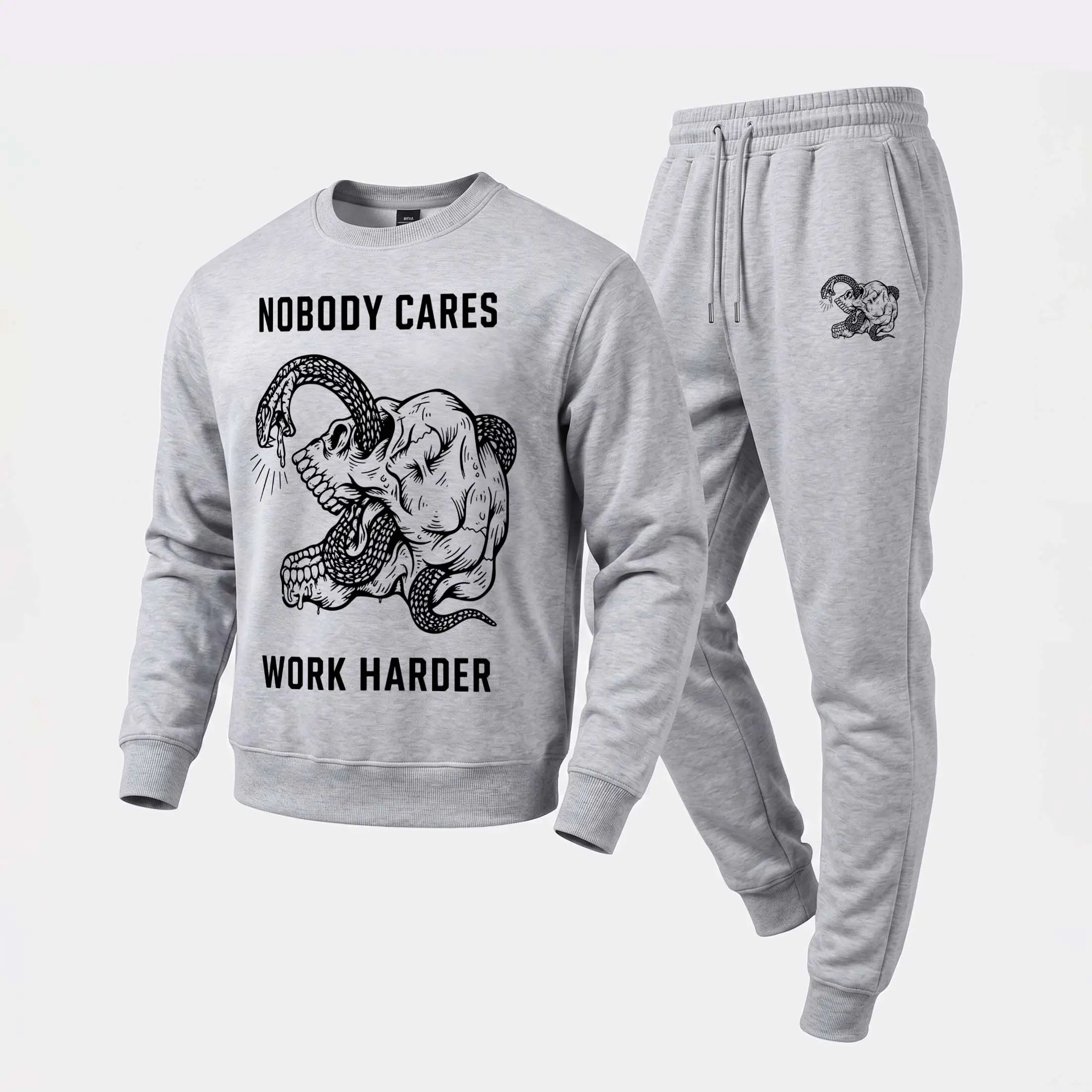 Men's “ Nobody Cares Work Harder” ” Sweatshirt and Jogger Pants Set, Casual Long Sleeve Pullover with Drawstring Sweatpants, Fall Winter Tracksuit for Daily Wear, Travel, Lounge, Workout and Indoor Outdoor Activities