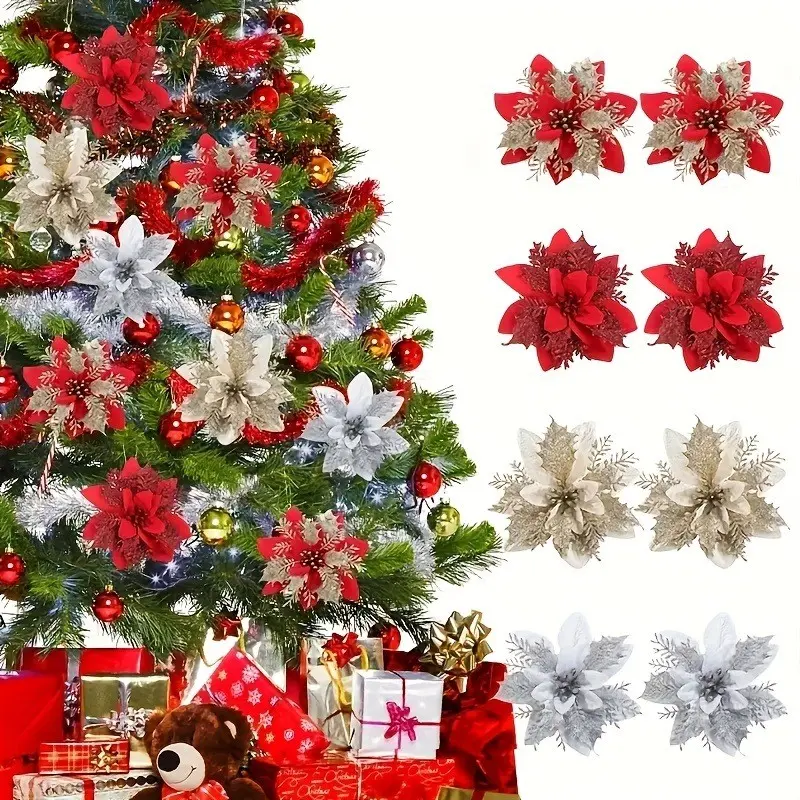 100pcs (50 Flowers + 50 Clips) Sparkling Christmas Decoration Flowers, Elegant Floral Christmas Tree Decoration, Durable Plastic Structure, Essential Decoration for Indoor/Outdoor Holiday Parties, Perfect for Home And Office, Artificial Christmas Flowers,