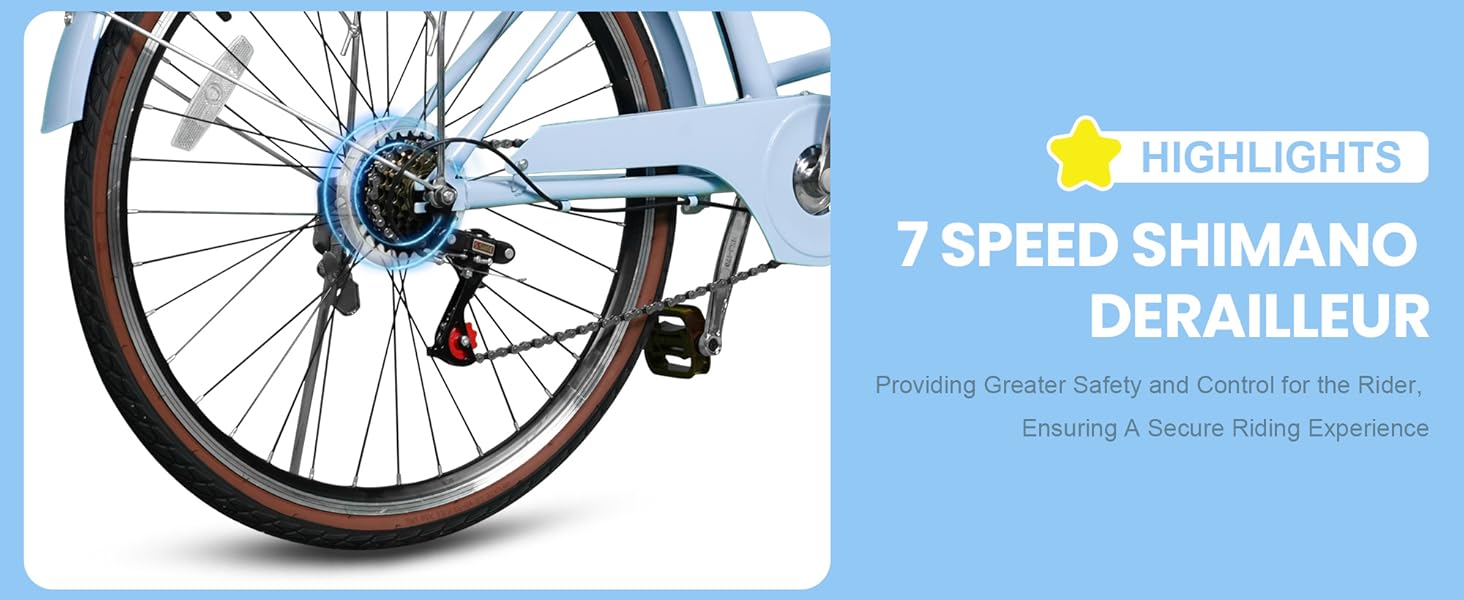 Beach Cruiser Bike for Women, 24 inch 7 Speed Commute Bike for Adults, Women Bicycle with Ratten Basket and Adjustable Seat, Lightweight Step Through Bike for Adults Women Ladies, Light Blue Beach Cruiser Bike for Women, 24 inch 7 Speed Commute Bike for Adults, Women Bicycle with Ratten Basket and Adjustable Seat, Lightweight Step Through Bike for Adults Women Ladies, Light Blue