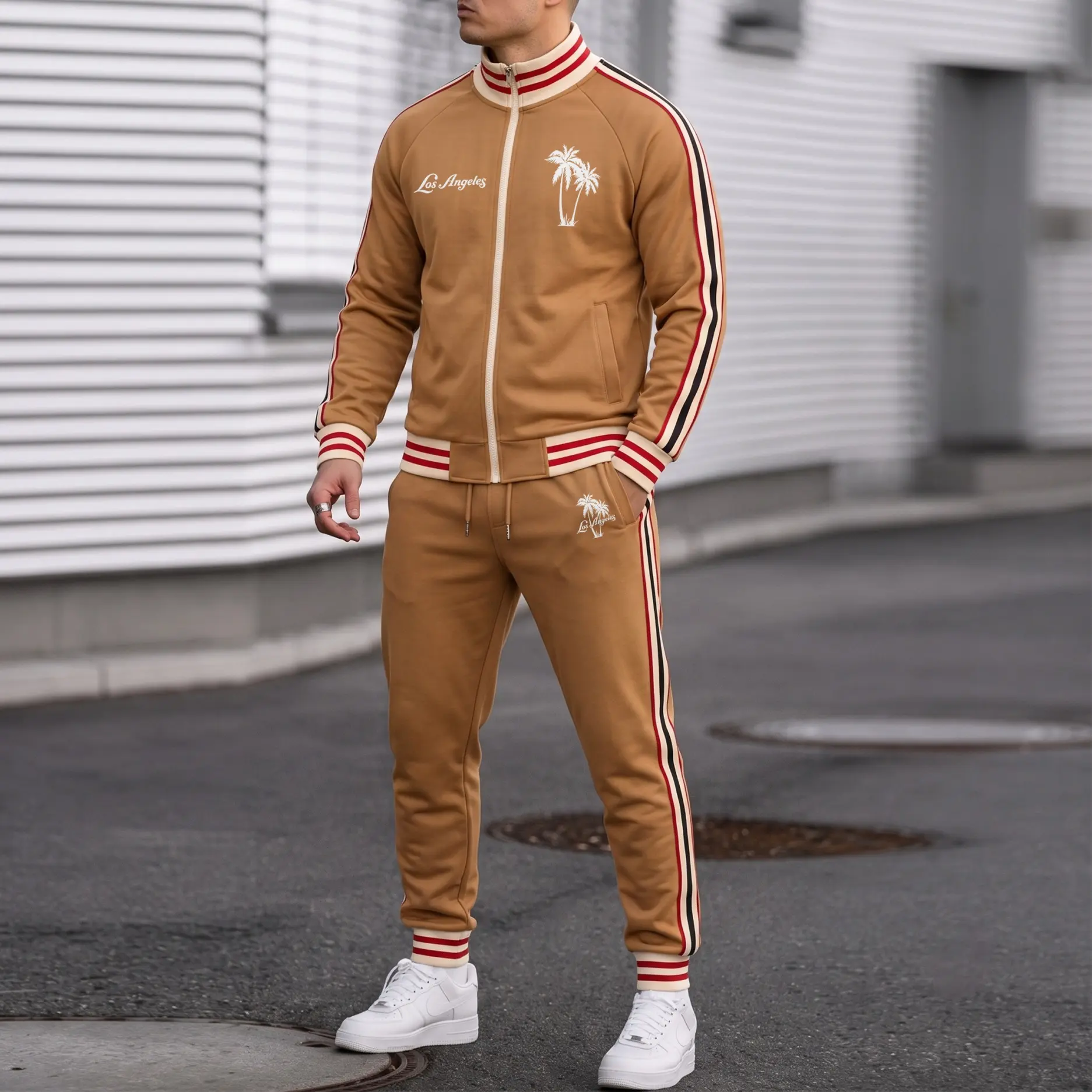 Men’s Los Angeles Palm Tree Graphic Tracksuit Set, Retro Stripe Zip Stand Collar Jacket and Drawstring Jogger Pants, Casual Athletic Two-Piece Outfit for Streetwear, Travel, Workout and Daily Wear