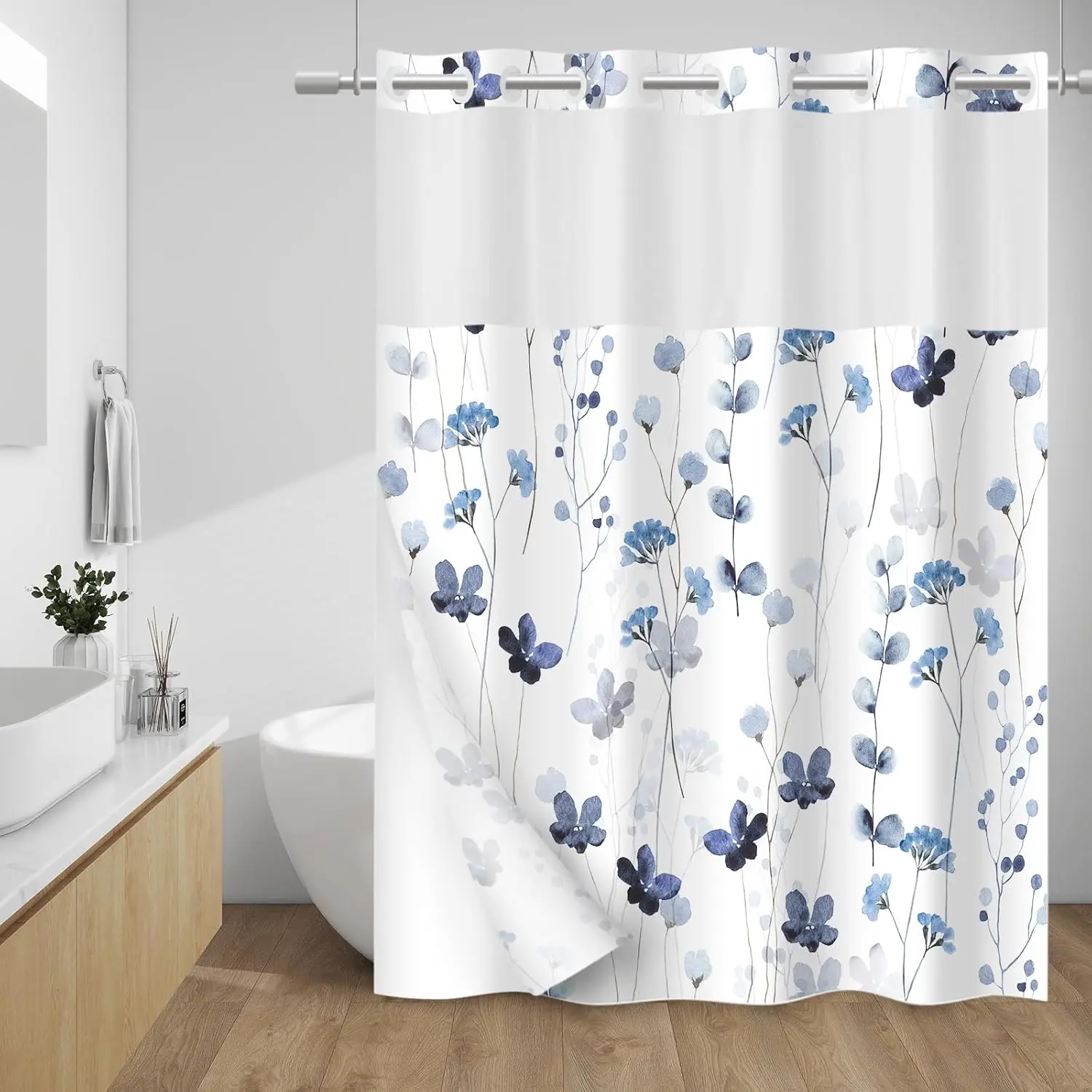 No Hook Shower with Snap in Liner, Removable Liner Repellent, Easy Install & Machine Washable, Hotel Style Watercolor Floral, Blue White, 71" W x 74" L