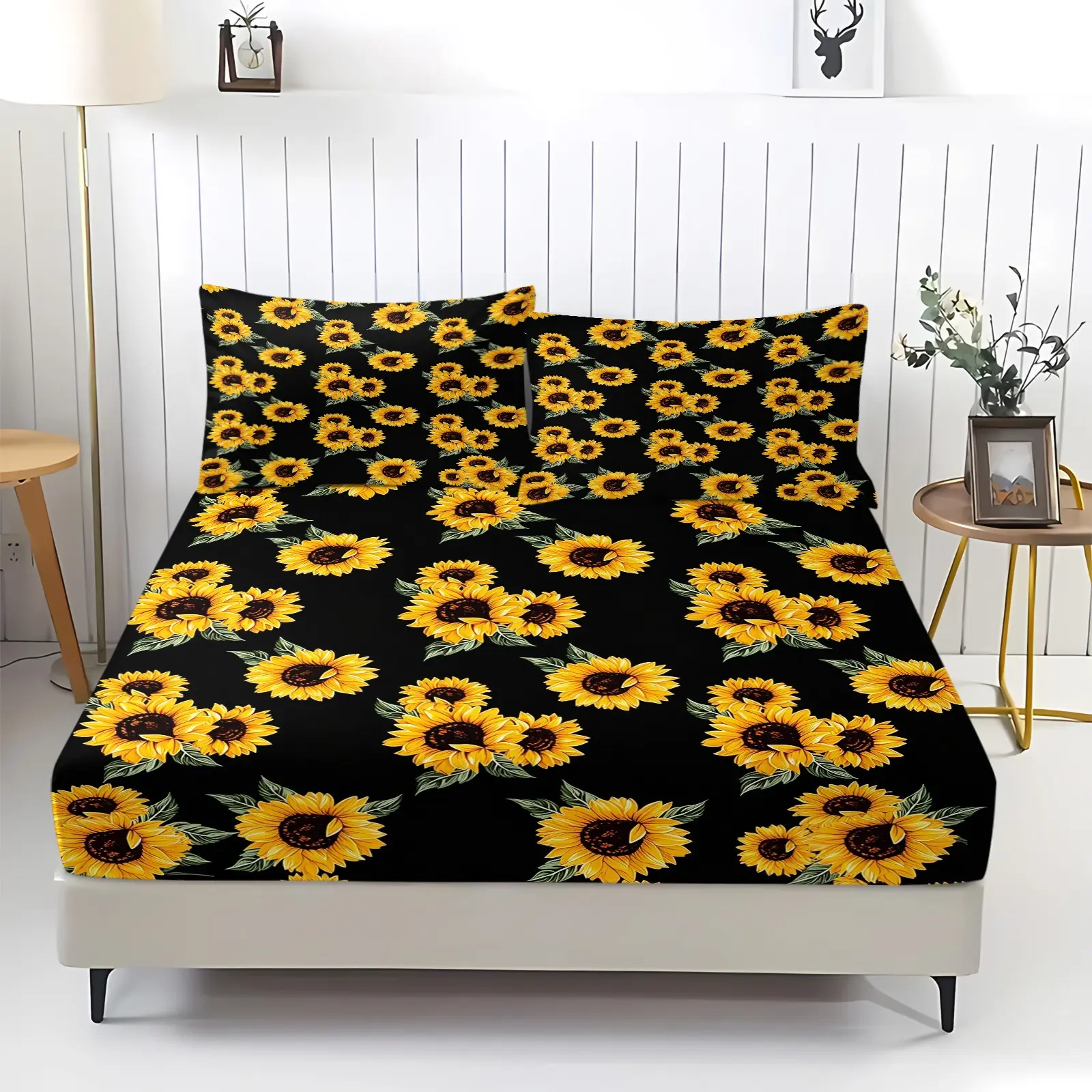 Yellow Sunflowers Pattern Decor Bedding Set for Adults Teens, Black Background Sheet Set Microfiber Fitted Sheet Polyester Bedspread Cover (1 Fitted Sheet + 2 Pillow Cases)