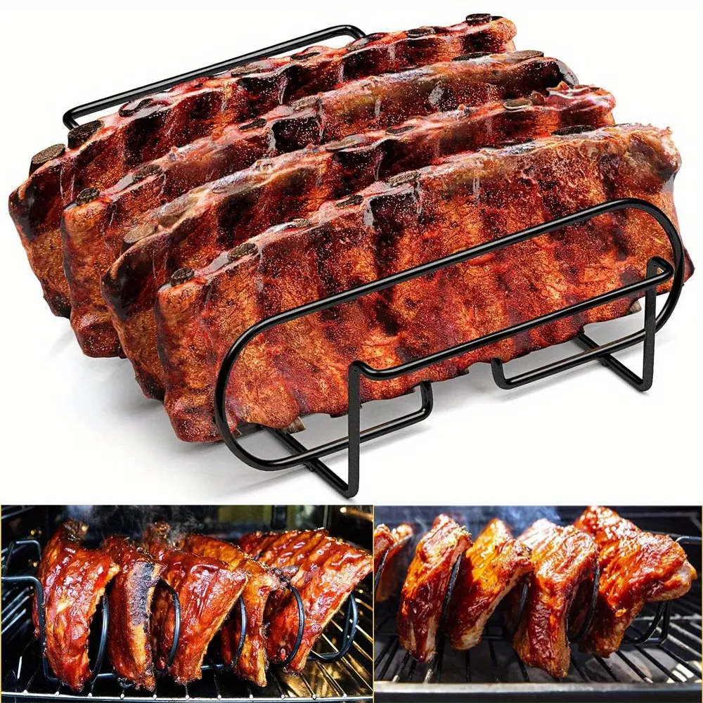 Stainless Steel Rib Rack, Holds 4 Whole Ribs, Portable BBQ Tool, Outdoor Grilling Stand, Meat Roasting Tray, Bakeware