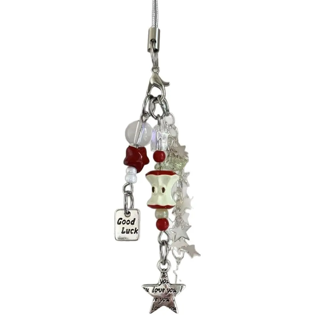 Cute Cartoon Apple Core Keychain With Good Luck Tag Star Charms Handmade Beaded Bag Pendant Y2K Aesthetic Key Holder For Women Gift Accessories