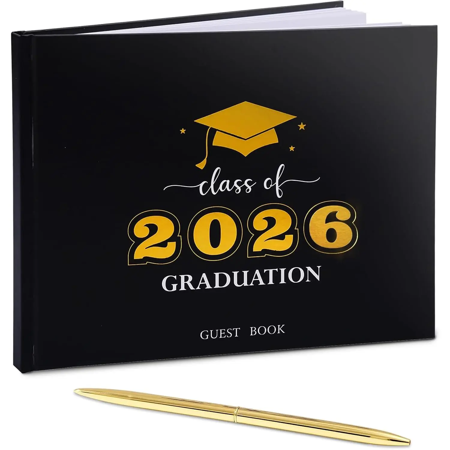 Class of 2026 Hardcover Graduation Guest Book with Pen, Memory Scrapbook, Graduation Decorations for High School College (Black), Includes Pen