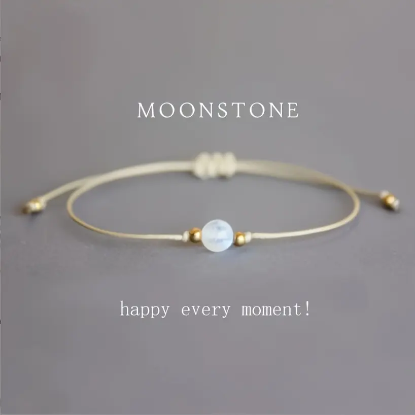 Unisex Natural Moonstone Golden Adjustable Cord Bracelet - 1pc Costume Jewelry, Adults' Everyday Wear, All-Seasons Accessory, Perfect Mother's Day Gift