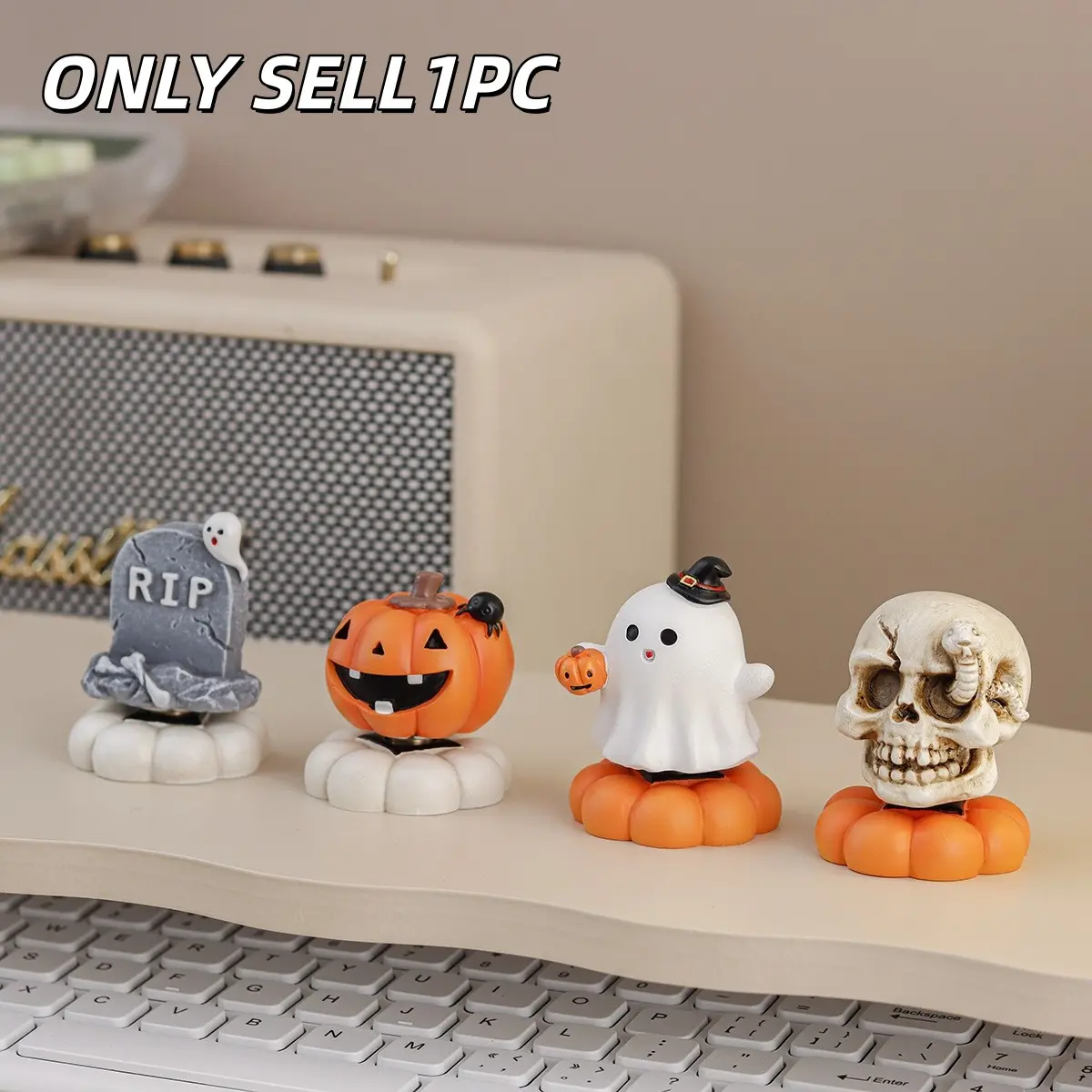 1PC Halloween Resin Shaking Head Ornament, Rotatable Pumpkin Ghost Skull Tombstone Bobblehead, Tabletop Decor for Holiday Parties