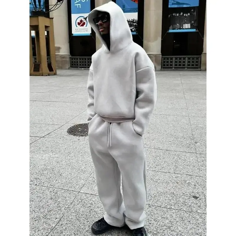 Solid Couple's Hooded Sweatshirt 2 Piece Set Casual Loose Sweatpants Suit Autumn Male Jogging Sweatshirt Trousers Outfits Suits