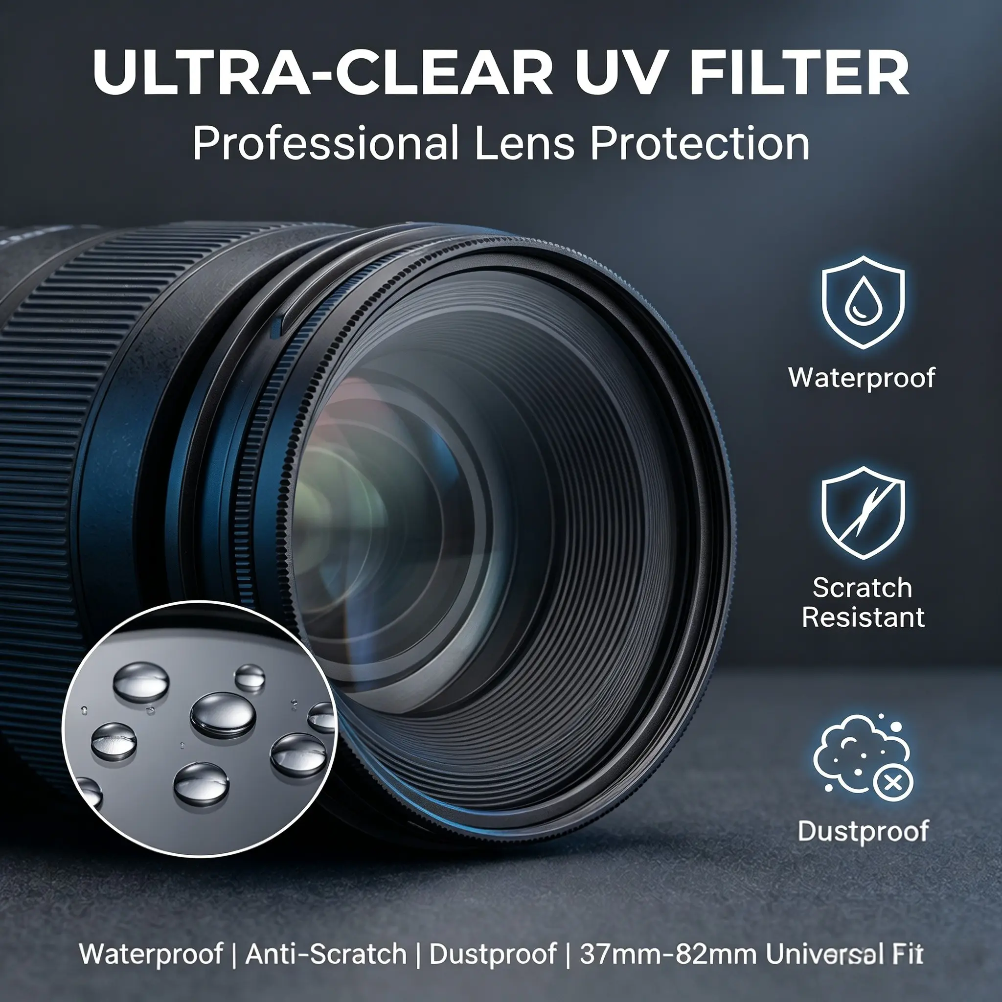 UV Lens Protection Filter for DSLR & Mirrorless Camera, Waterproof Dustproof Scratch Resistant Camera Lens Guard, Multiple Sizes Available: 37/40.5/43/46/49/52/55/58/67/72/77/82mm, Universal Photography Lens Accessory