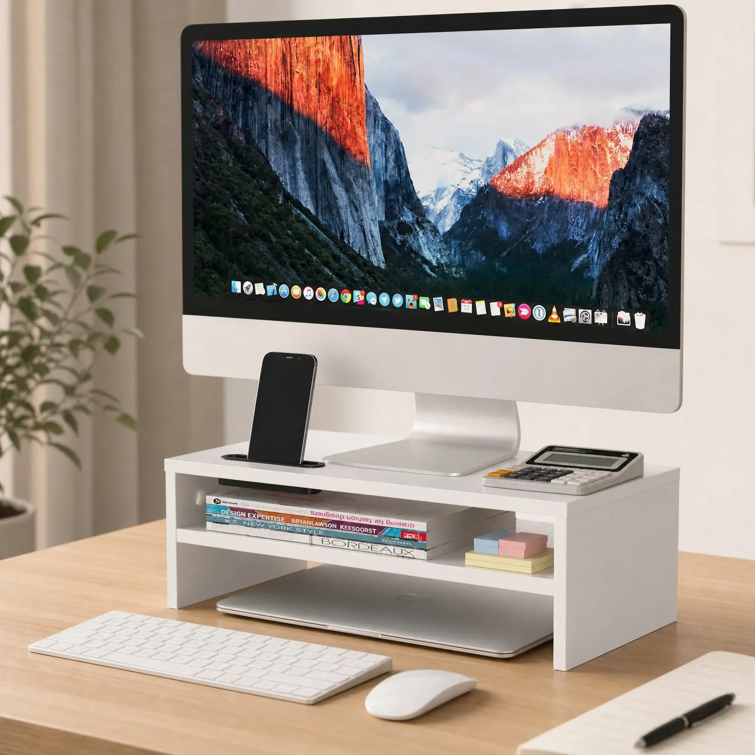 Wooden Monitor Stand Riser for Desk, 2-Tier Computer Monitor Stand, 66 lbs Desk Shelf Organizer with Storage, Laptop & Printer Stand with Phone Holder and Cable Management, White, 16.5 Inch