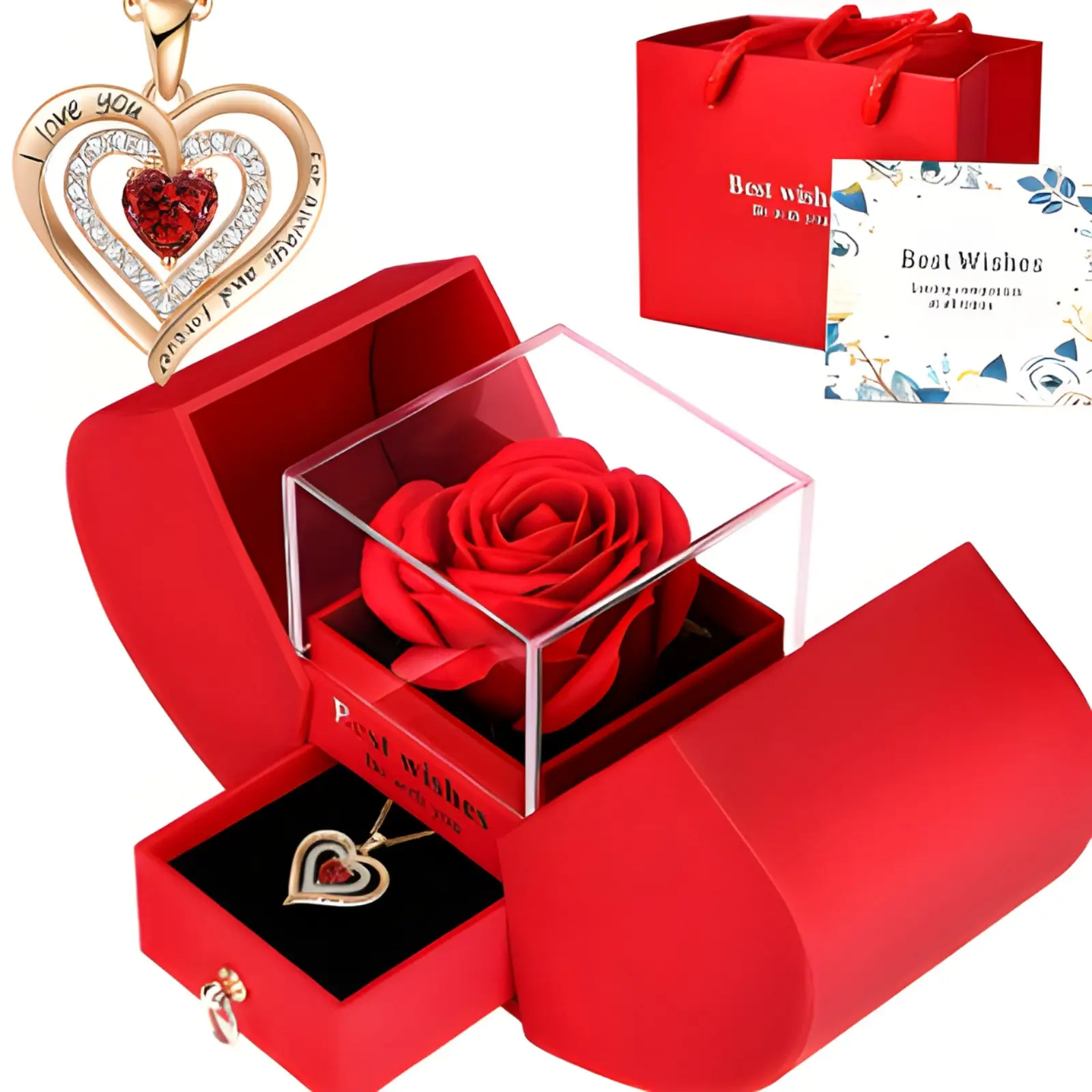 Romantic Rose Gift Box Set with 'I Love You' Heart-Shaped Necklace, Chain Heart Pendant, Exquisite Jewelry Gift for Mom, Wife or Girlfriend, Birthday & Anniversary Present #GLOBAL PICKS