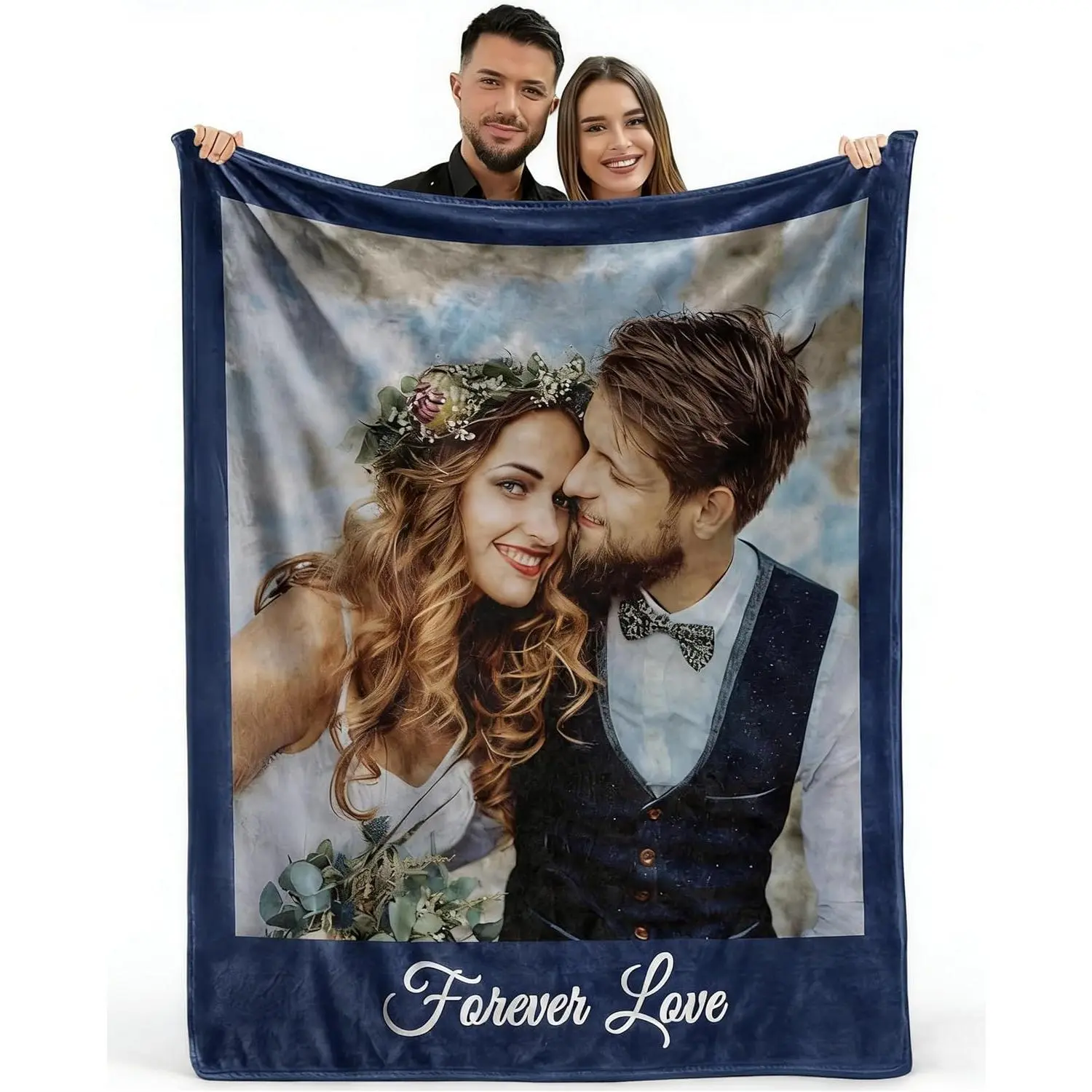Personalized "Forever Love" Wedding Picture Flannel Blanket - Navy Border, Cloud Texture, Luxury Bridal Shower Gift, Soft Cozy Keepsake, Romantic Accessories for Bed, Beds & Couches, Fading Resistance Flannel Fabric, Home