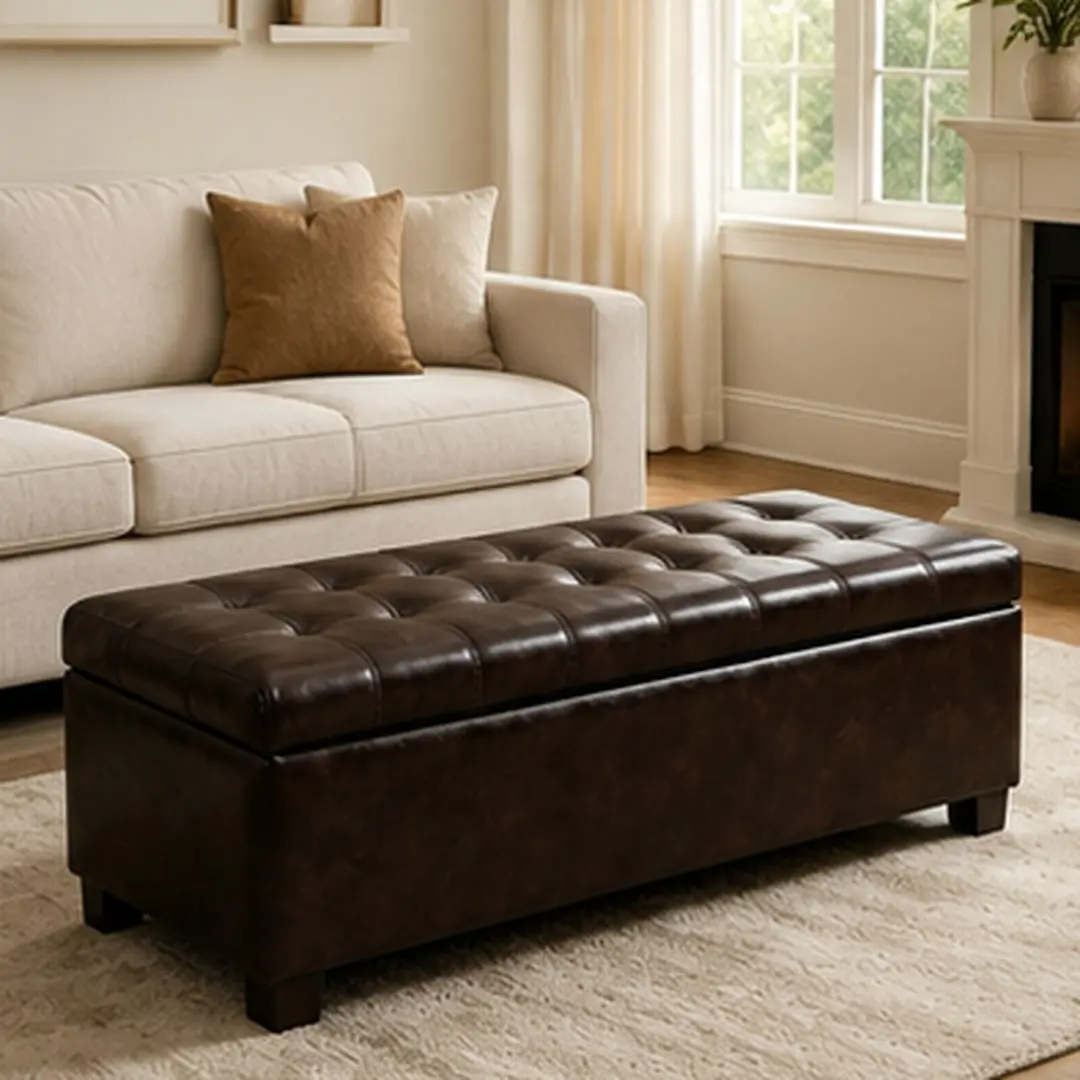 ARCH Rectangle Storage Ottoman Bench - 49.75in Large Capacity Flip Top, PU Leather Tufted Footstool, Memory Foam Seat, Wooden Legs, 300lbs Weight Capacity, 26.68lbs, European Traditional American Design, for Living Room Bedroom, Brown, Hidden Storage, Bac