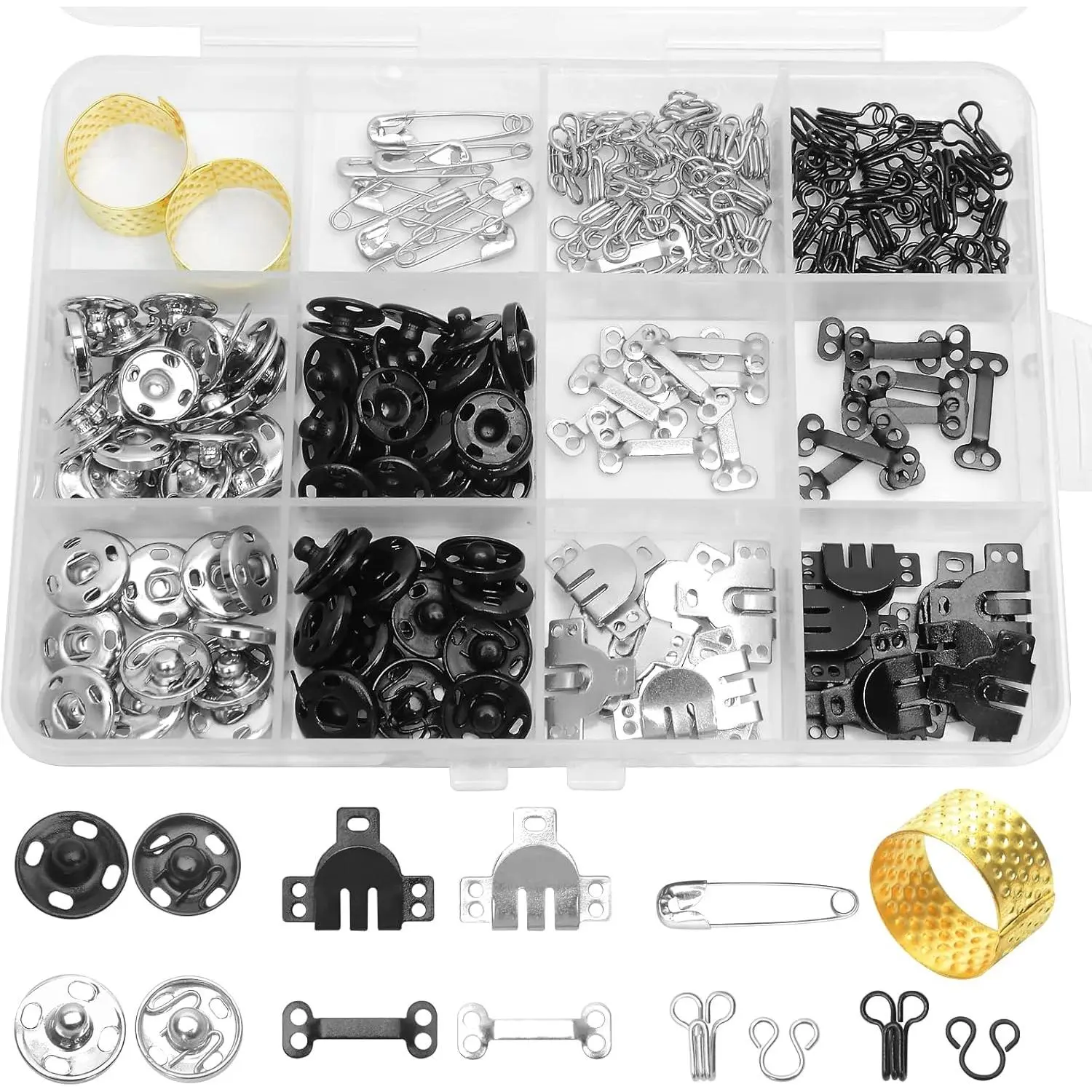 224 count Sewing Hooks and Eyes Closure Set for Dress,Pants,DIY Craft Mending | Button Hook,Heavy Duty Snap Button Kit with Bra Hooks & Skirt Hooks,3 Styles Metal Sew  Fasteners