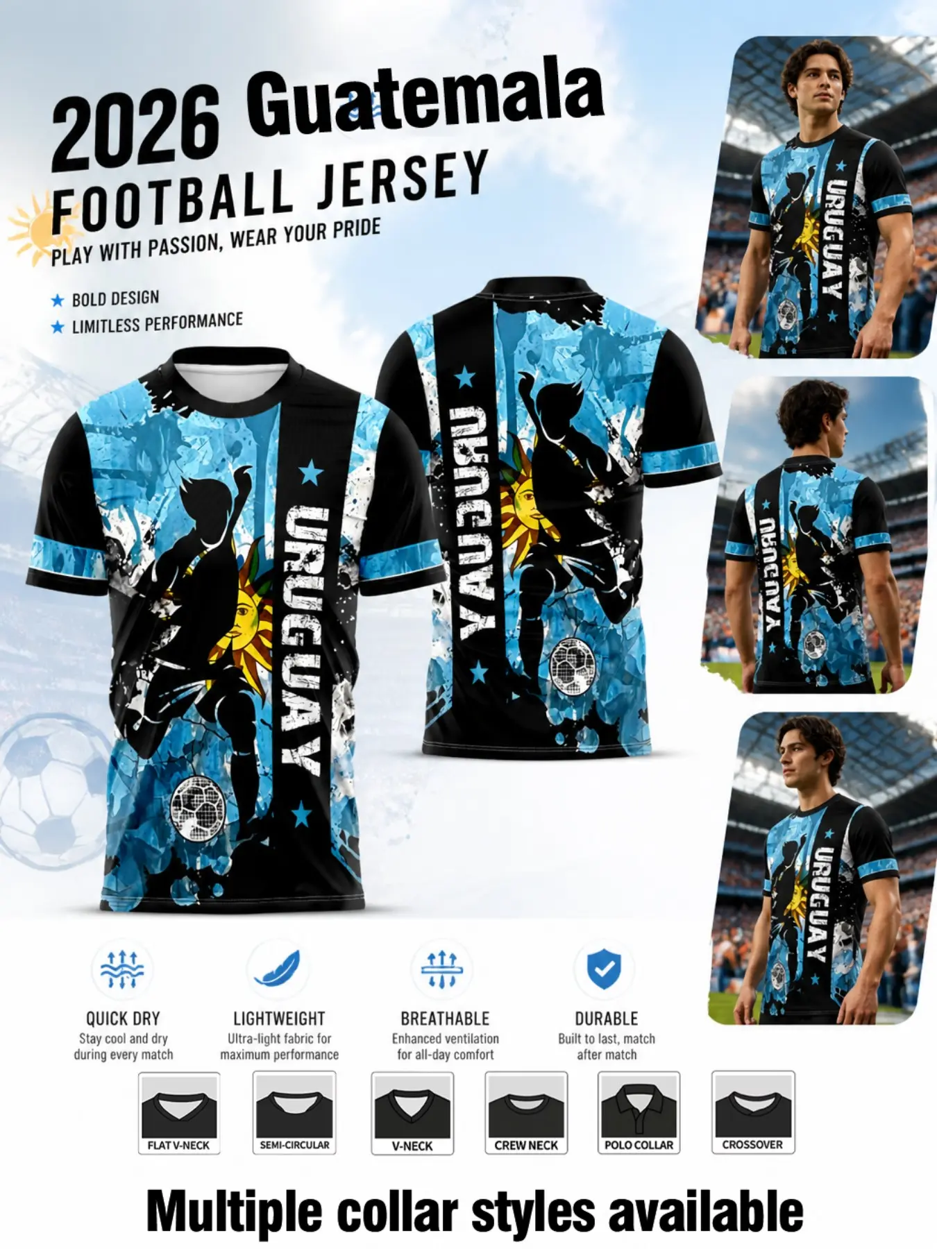 Guatemala Soccer Jersey, Flag Colors & Quetzal Bird Print, Quick-Dry Moisture-Wicking Fabric, Multiple Neck Styles, Casual Slim-Fit