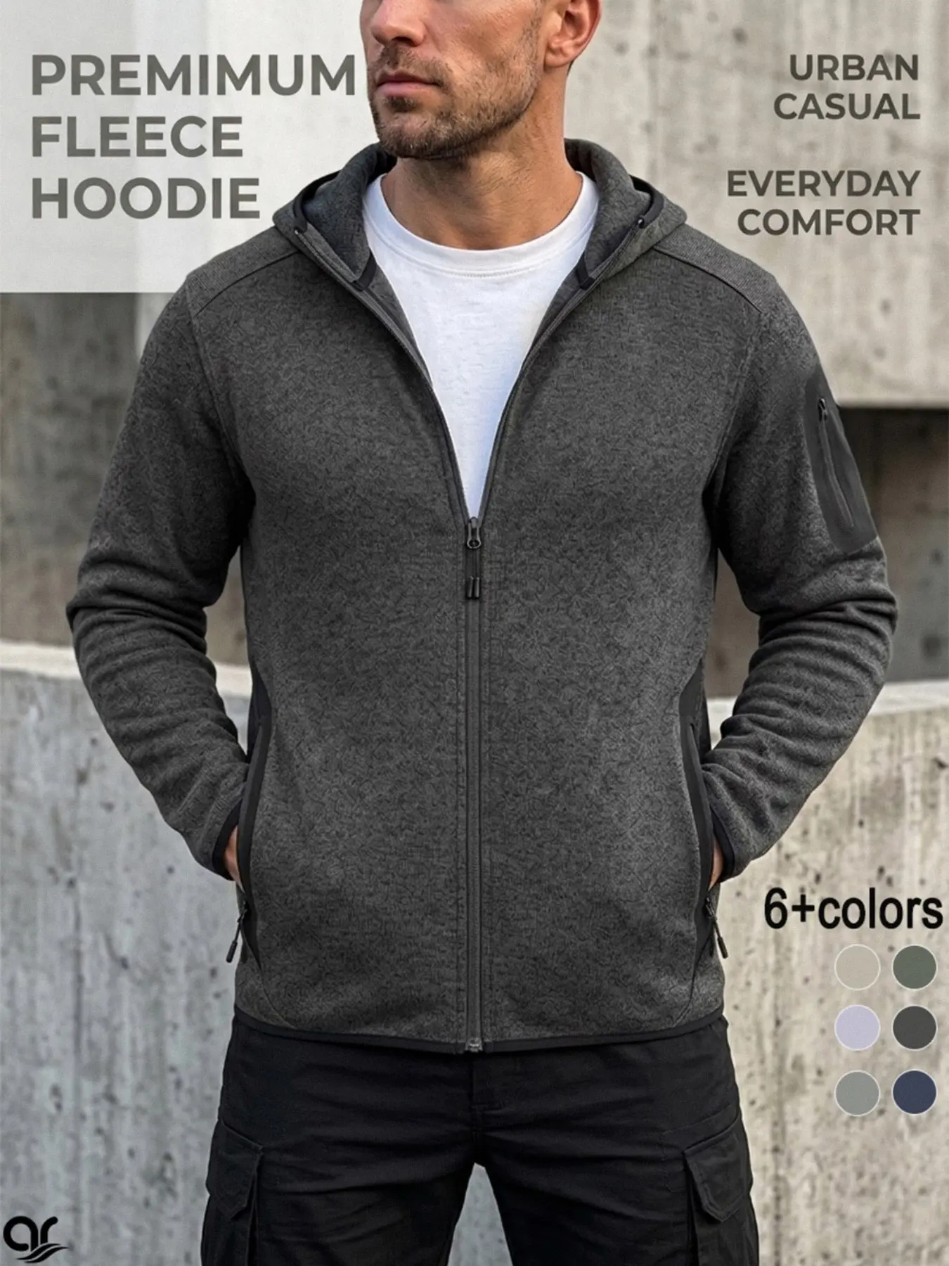 AR Men's Premium Full-  Fleece Hoodie - Athletic Fit Zip Up Jacket with Utility Sleeve Pocket. Perfect for Hiking, Running, Gym & Everyday Urban Casual Streetwear - Fall Winter Activewear