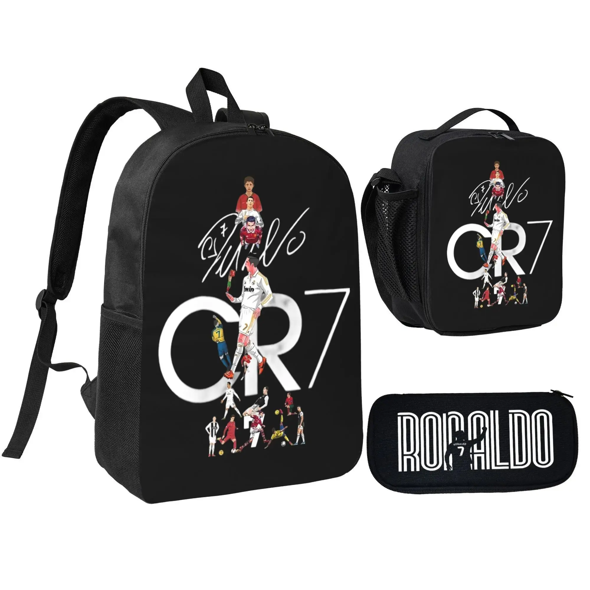 CR7 Soccer School Backpack Set for School Bag  with Lunch Bag Pencil Case 3Pcs Set Idea for Student School