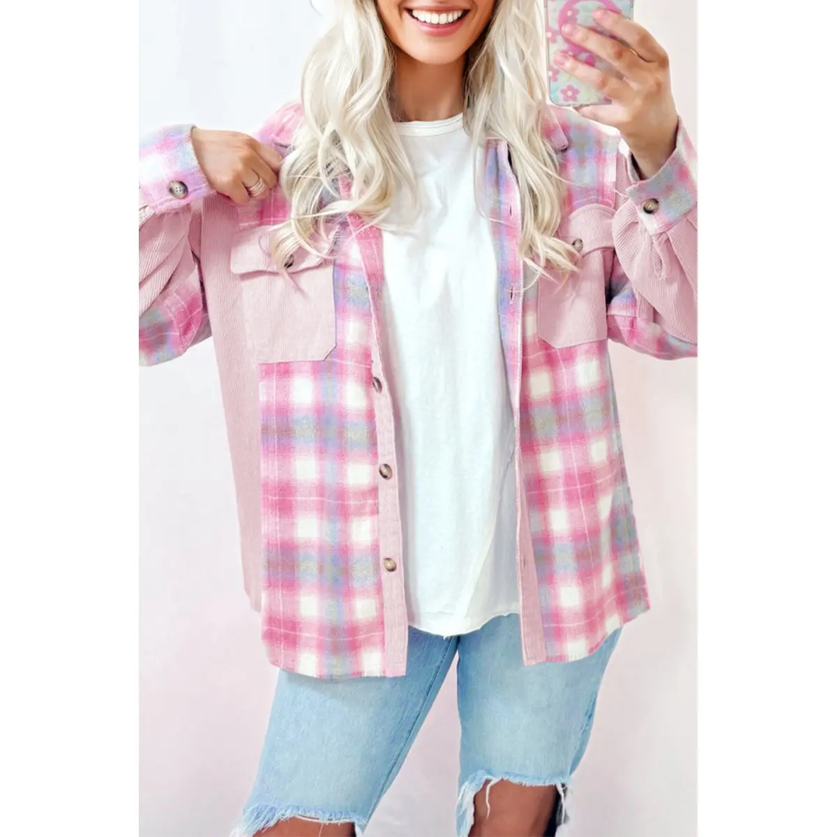 Women's Retro Plaid Print Corduroy Shacket - Brushed Fabric, Patchwork, Flap Pockets, Button-Front, Long Sleeve Everyday Style Casual Overshirt Tops Coats