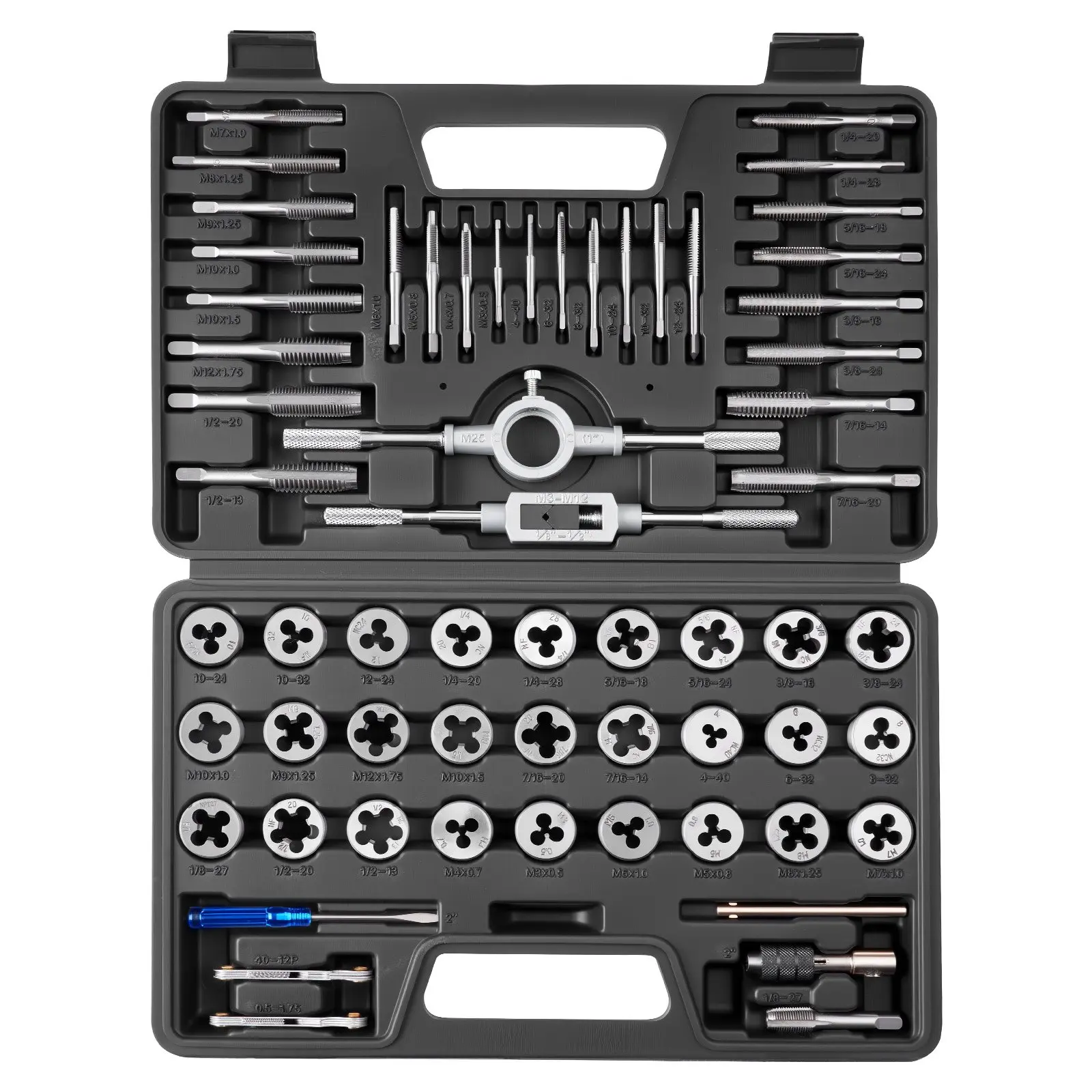 VEVOR Tap and Die Set, 60-Piece Metric and SAE Sizes M3 to M12, # 4 to 1/2", with Coarse and Fine Thread Taps and Dies, Wrench, Carrying Case and Complete Accessories, for Threading and Rethreading