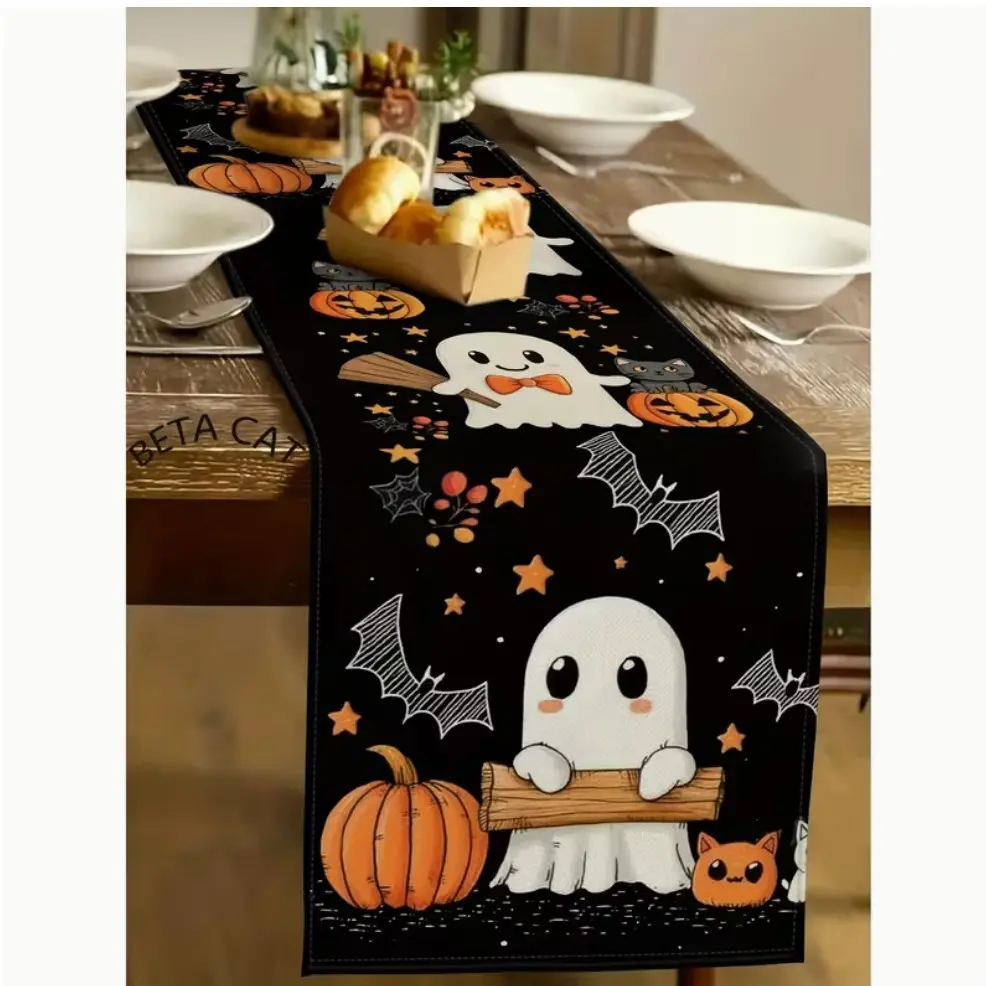 1pc Halloween Table Runner - Cute Little Pumpkin Design with Spooky Bats, Jack-O'-Lanterns & Spiders, for Festive Dining, Kitchen, Coffee Tables, Outdoor & Holiday Decor, Halloween Decorations
