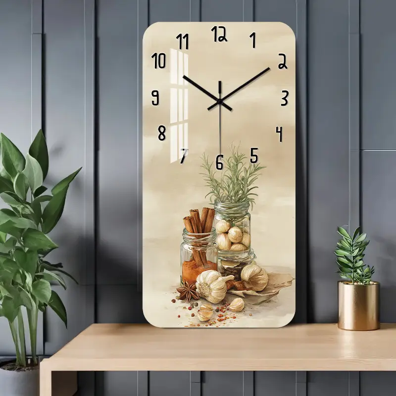 1 silent acrylic wall clock, Silent Analog Clock, decorative square clock with herbal and spice design, suitable for the hallway, kitchen, home office, guest room (batteries not included)