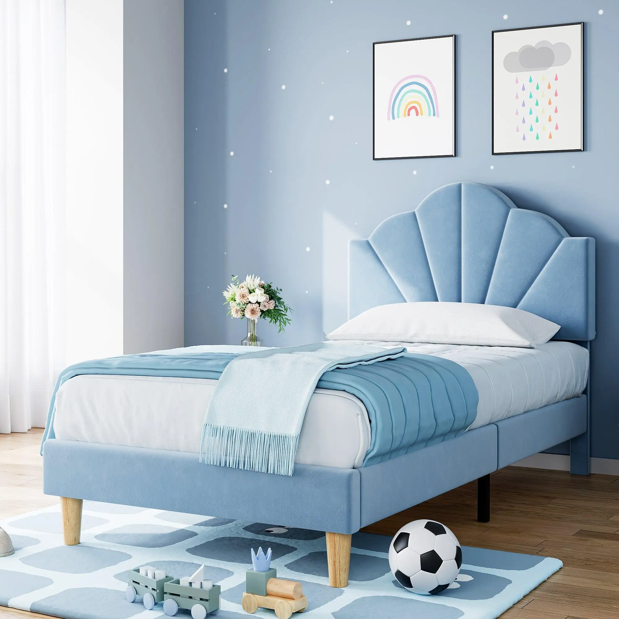 GARVEETwin Platform Bed Frame with Velvet Upholstery, Height Adjustable Headboard, Strong Wood Slat Support, Solid and Stable Construction, Easy to Assemble, Available in Blue and Pink