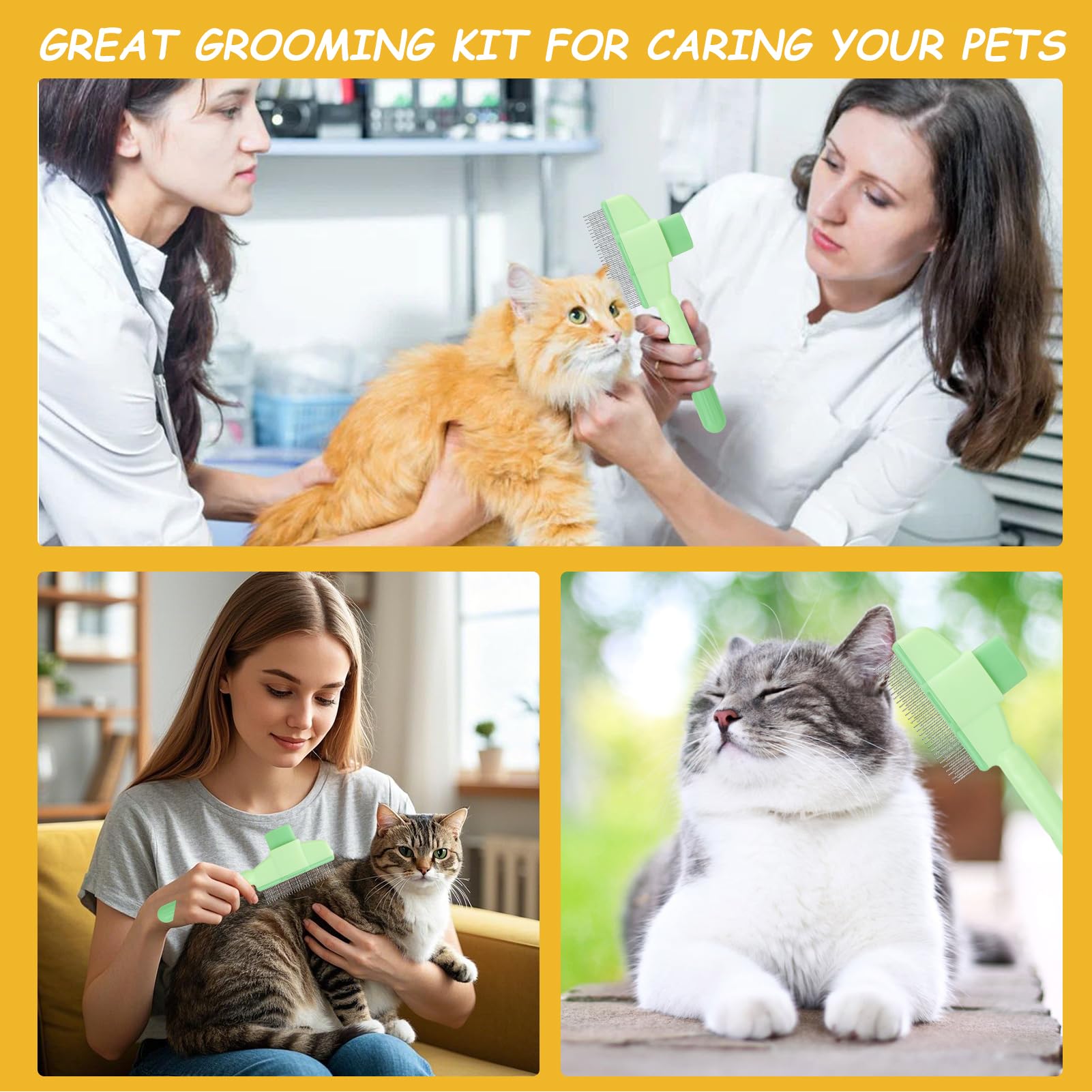 Pet Hair Removal Comb with Release Button for Cats and Dogs, De-Shedding Brush with Long & Short Stainless Steel Teeth for Efficient Hair Removal