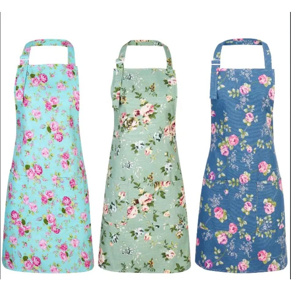 3-Pack Vintage Floral Canvas Kitchen Aprons with Roomy Pockets, Adjustable Neck & Waist Strap Cooking Aprons for Women & Men, Stylish Retro Floral Print Bib Apron for Home Cooking, Baking, Grilling, BBQ, Gardening & Daily Kitchen Use