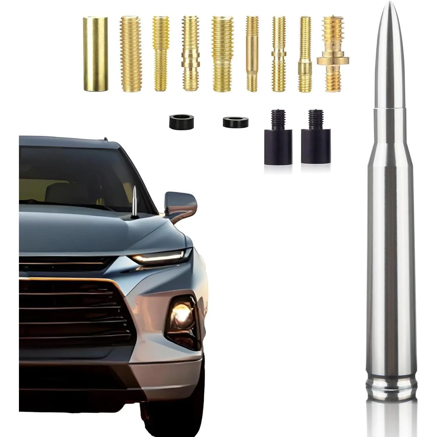 Chrome 50 Cal Bullet Antenna, Universal Replacement Truck Accessory with Truck Stuff for GMC Sierra 1500, Chevy Silverado 1500-3500, Dodge Ram, Ford F150-F350, Truck Stuff Silverado