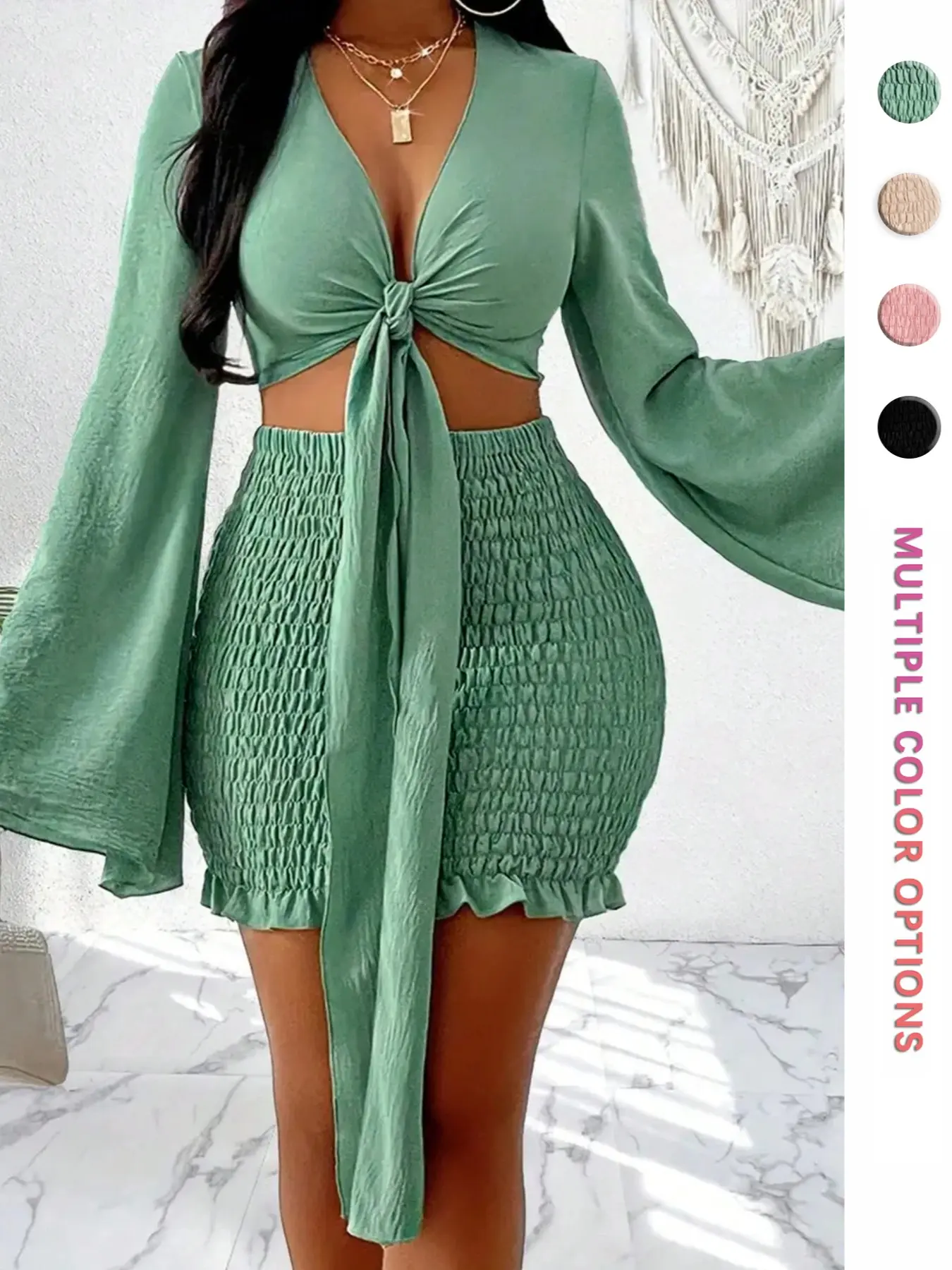 Women's Tie Waist Ruffle Bell Sleeve Short Top and Pleated Skirt Set, Elegant Ladies Casual Style, Fashionable Two-Piece Outfit Clothes Ensemble