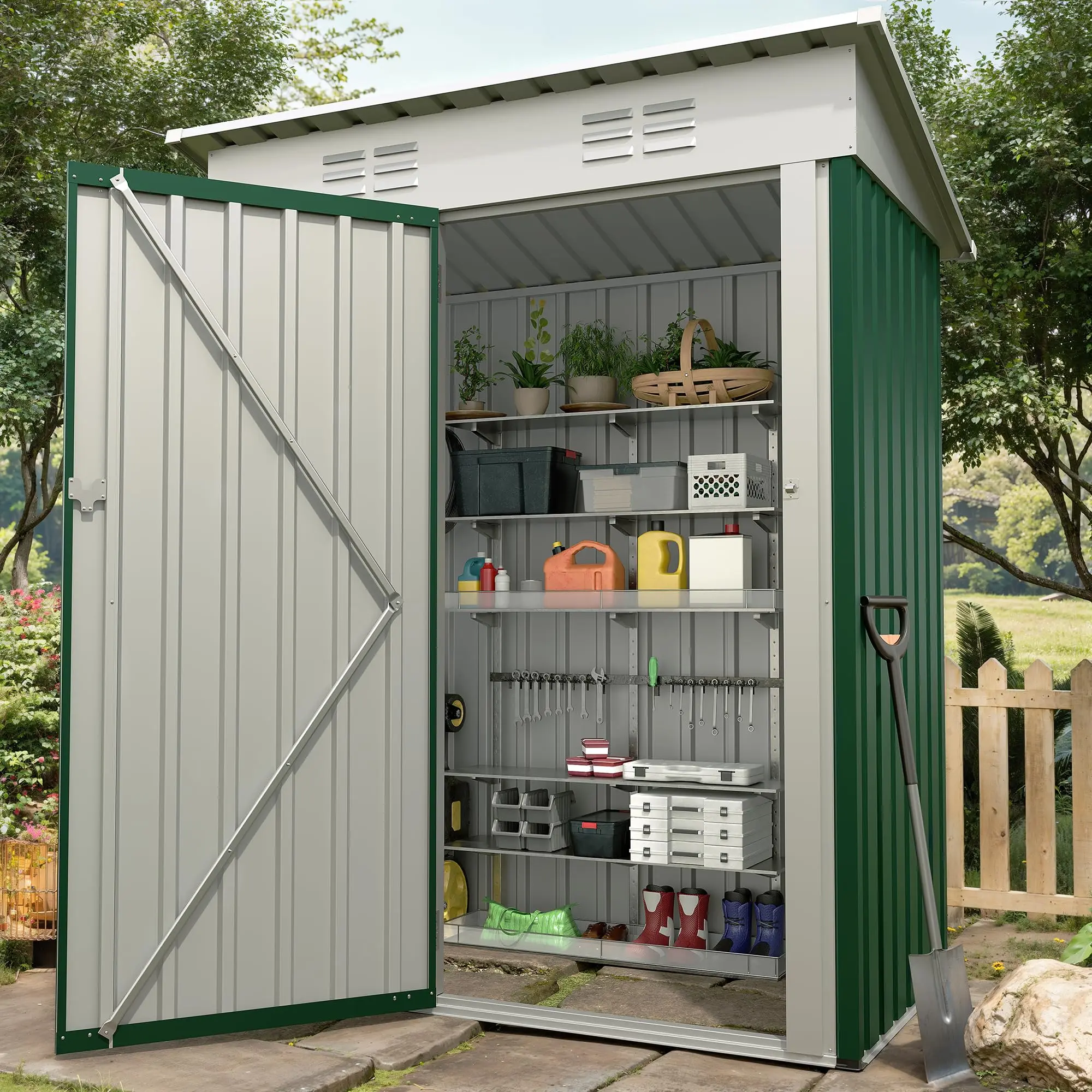 5×3FT Steel Outdoor Storage Shed, Heavy Duty Metal Tool Cabinet with Sloped Roof & Secure Lockable Door, for Backyard, Garden and Patio Gear Storage