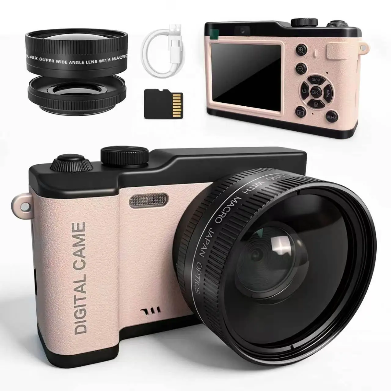 Digital Camera with Detachable Wide Angle Lens, Portable Digital Camera, Includes Camera Bag and Storage Card, Ideal Gift for Photography Beginners