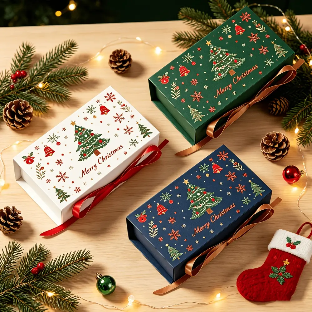 12pcs, Christmas Gift Box with Ribbon, Rectangular Gift Box with Christmas Tree And Snowflake Print, Luxury Flip-Top Gift Box, Suitable for Holiday And Wedding Gifts