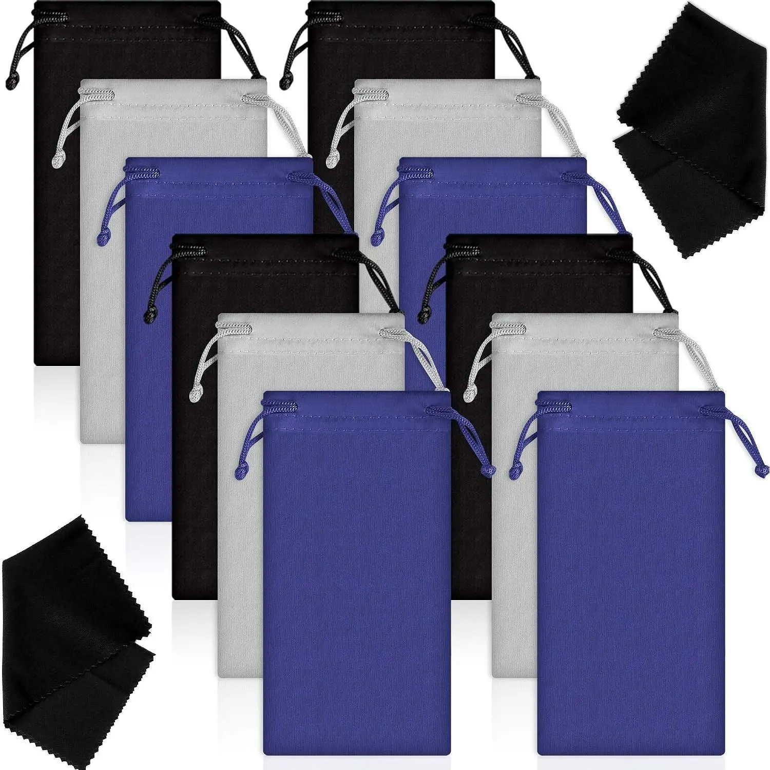 12 Pcs Microfiber Sunglasses Pouch Soft Glasses Case Bags Eyeglasses Sleeve with 2 Cleaning Cloth and Drawstring(Black, Gray and Blue)