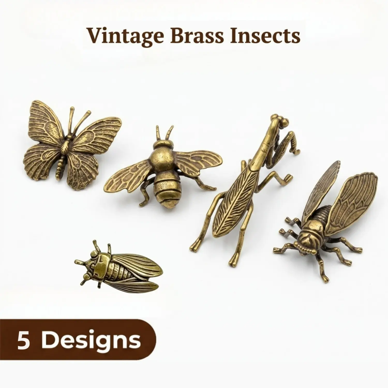 5pcs Set Vintage Solid Brass Mini Insect Figurine, Retro Antique Brass Small Decor Statue for Tea Table Desktop Display, Butterfly Bee Mantis Cicada Assorted Styles