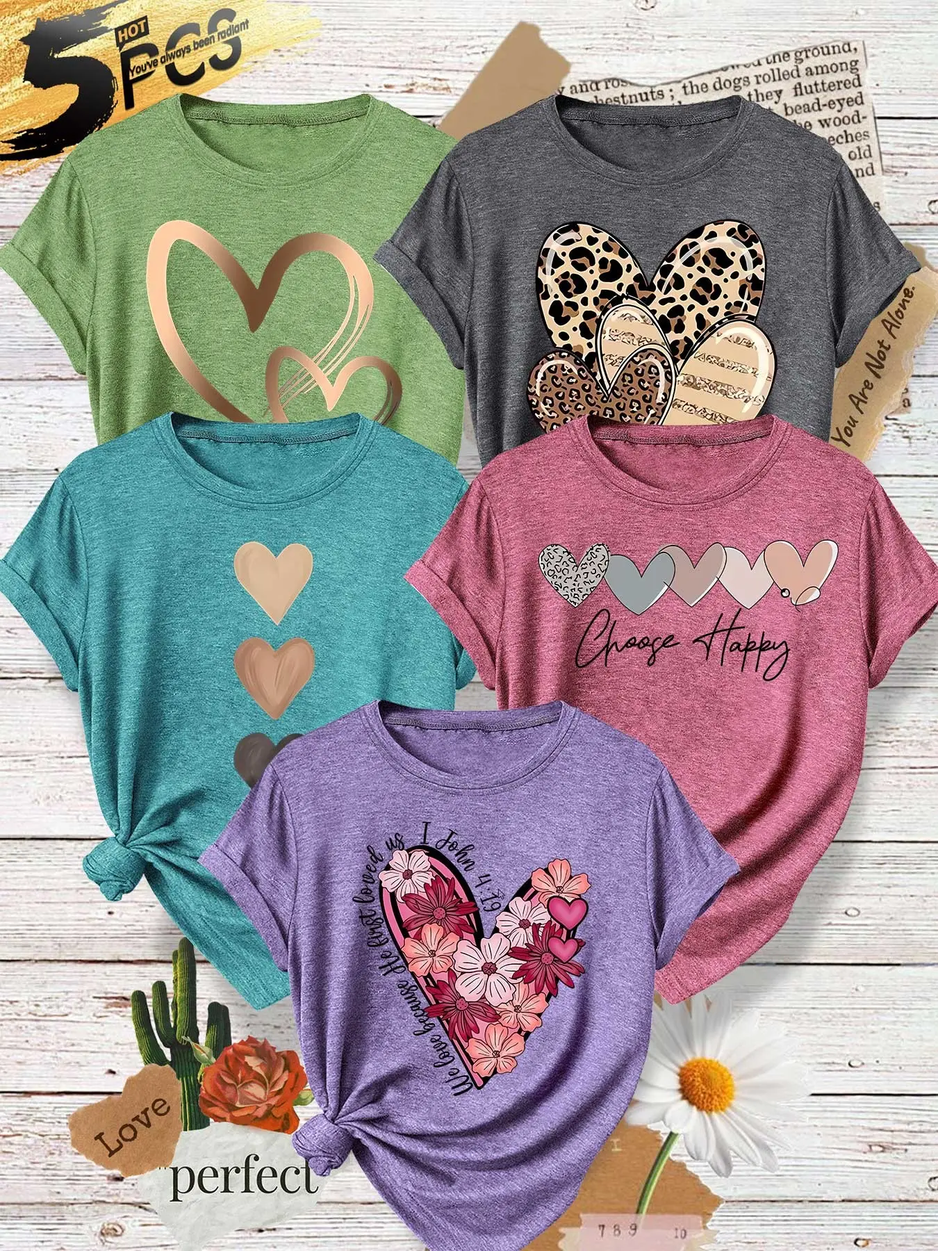 Five-Piece Women's Round Neck T-Shirts, Floral Heart Print, Gradient Macaron Sweetheart, Soft Fabric, Casual Fashion