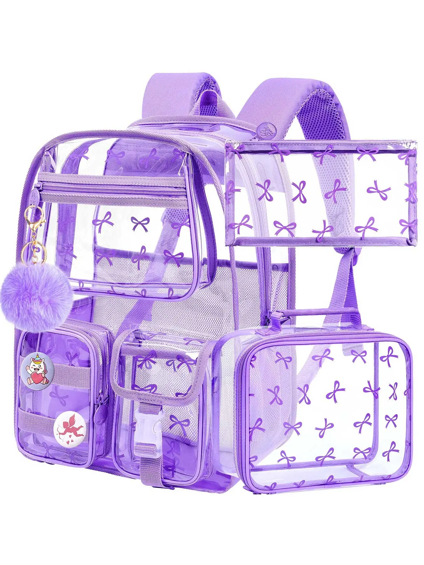 See Through Backpack for Girls, 17" Women Heavy Duty PVC Transparent Bookbag, Cute Stadium Approved Clear School Bags for Elementary Preschool - Elegant Purple Bow