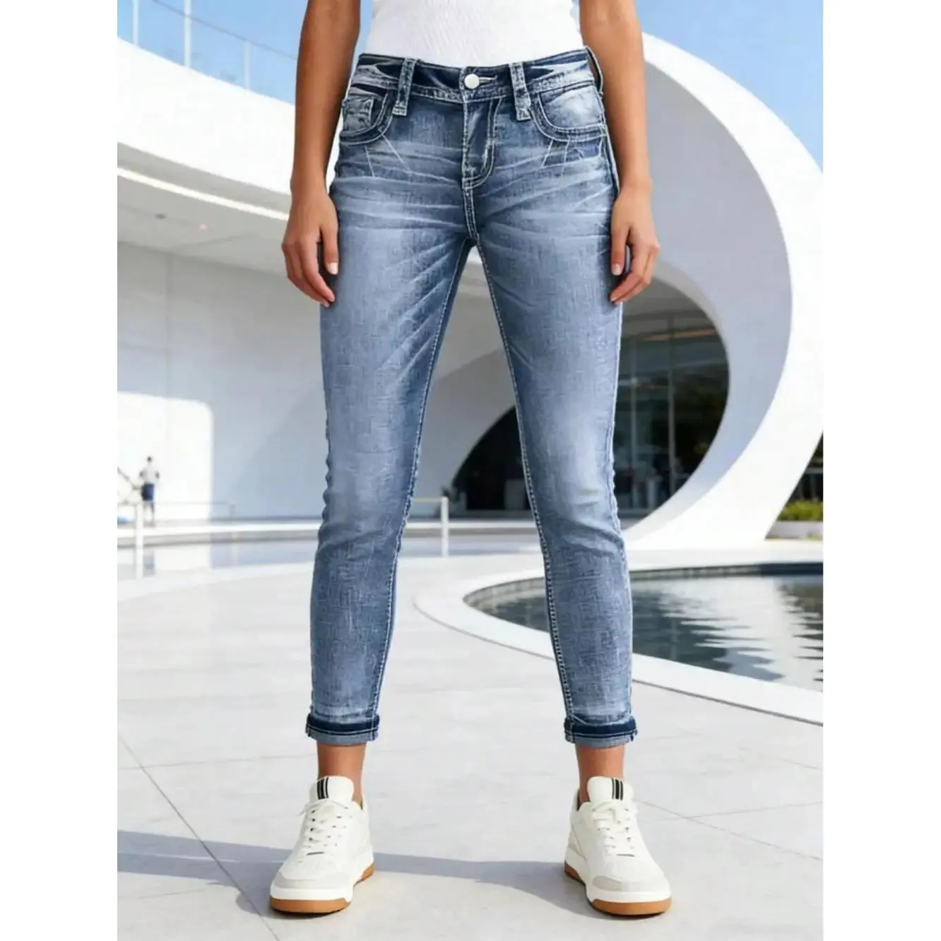 Women's Slim Chic Sports Denim Jeans Bottoms - Light Wash, Contrast Trim Detail, Rolled Hem, Pocket Design