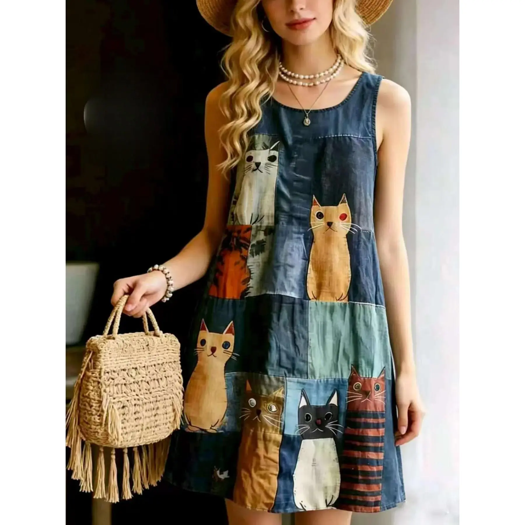 Women's Casual Bohemian Retro Vintage Patchwork Cat Print Sleeveless A-Line Length Dress - Loose Cut, Pleated Babydoll, Leopard & Floral Prints, Elegant, Machine Wash for Beach Vacation Summer Wear