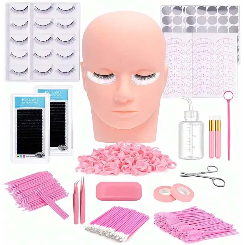 Professional False Eyelash Training Kit, Human Model Head, 0.07D Curved Mixed Practice Lashes, Tweezers Included, Extension Beauty Tools
